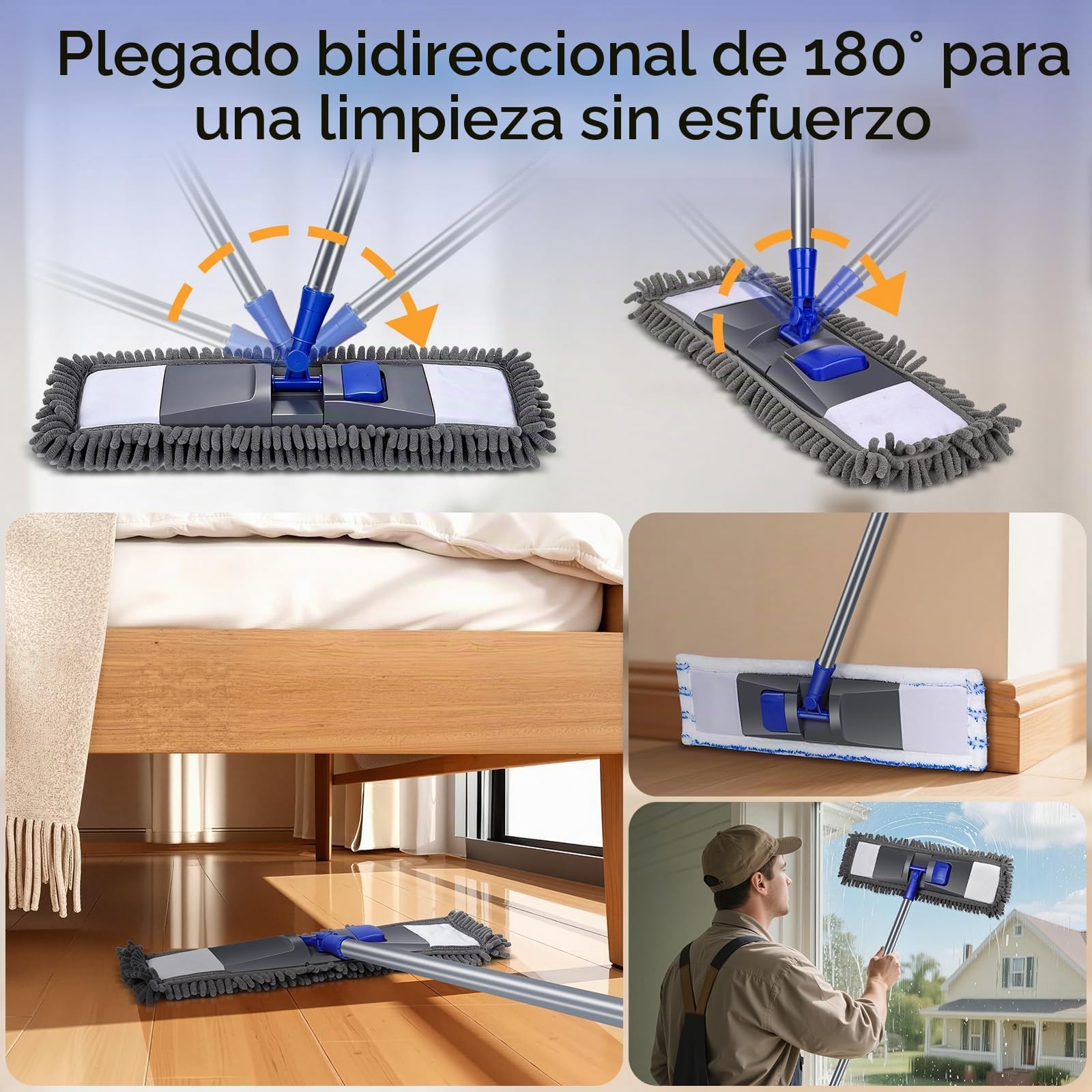 MASTERTOP Trapeador Profesional de Microfibra para Limpieza de Suelos, mopa húmeda y Seca con 4 Almohadillas Lavables reemplazables, Mango Extensible, mopa mágica para Madera Dura, Azulejos, Laminado | Mango ajustable de acero inoxidable con 2 almohadilla
