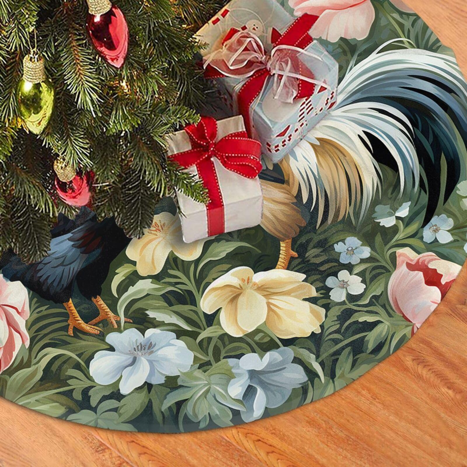 Fodpand Black Rooster Christmas Tree Skirt 48" Velvet Xmas Tree Skirt Mat Rustic Christmas Tree Mat Cover Winter Xmas Tree Collar For Indoor Outdoor Christmas Decorations
