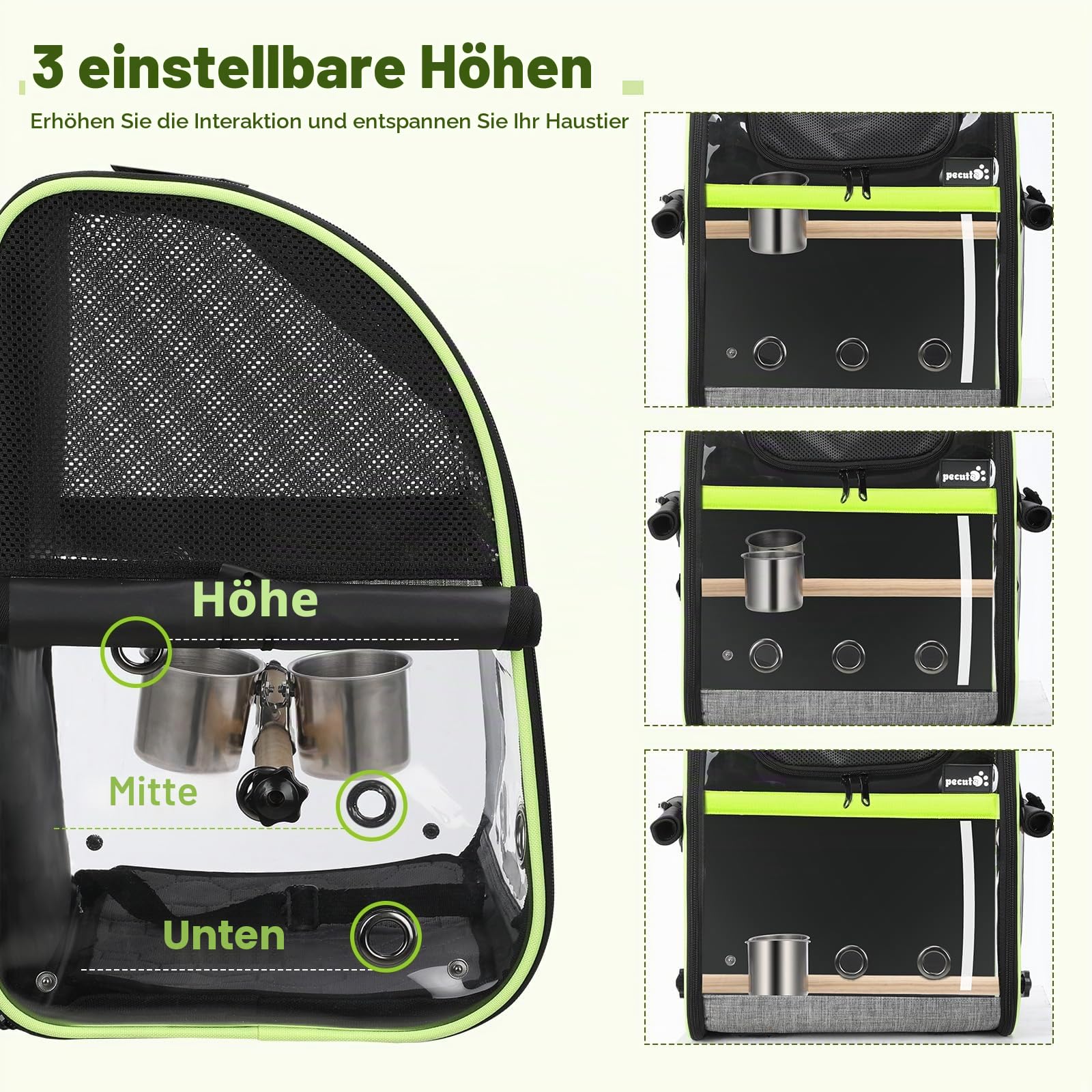 pecute Rucksack für Vögel mit Holzstab, Leichte Träger Vogel Transporttasche, wasserdichte Papageien Reiserucksack mit Edelstahl-Tablett und Stehstange, Transportbox Vogel, 34 x 28 x 43cm