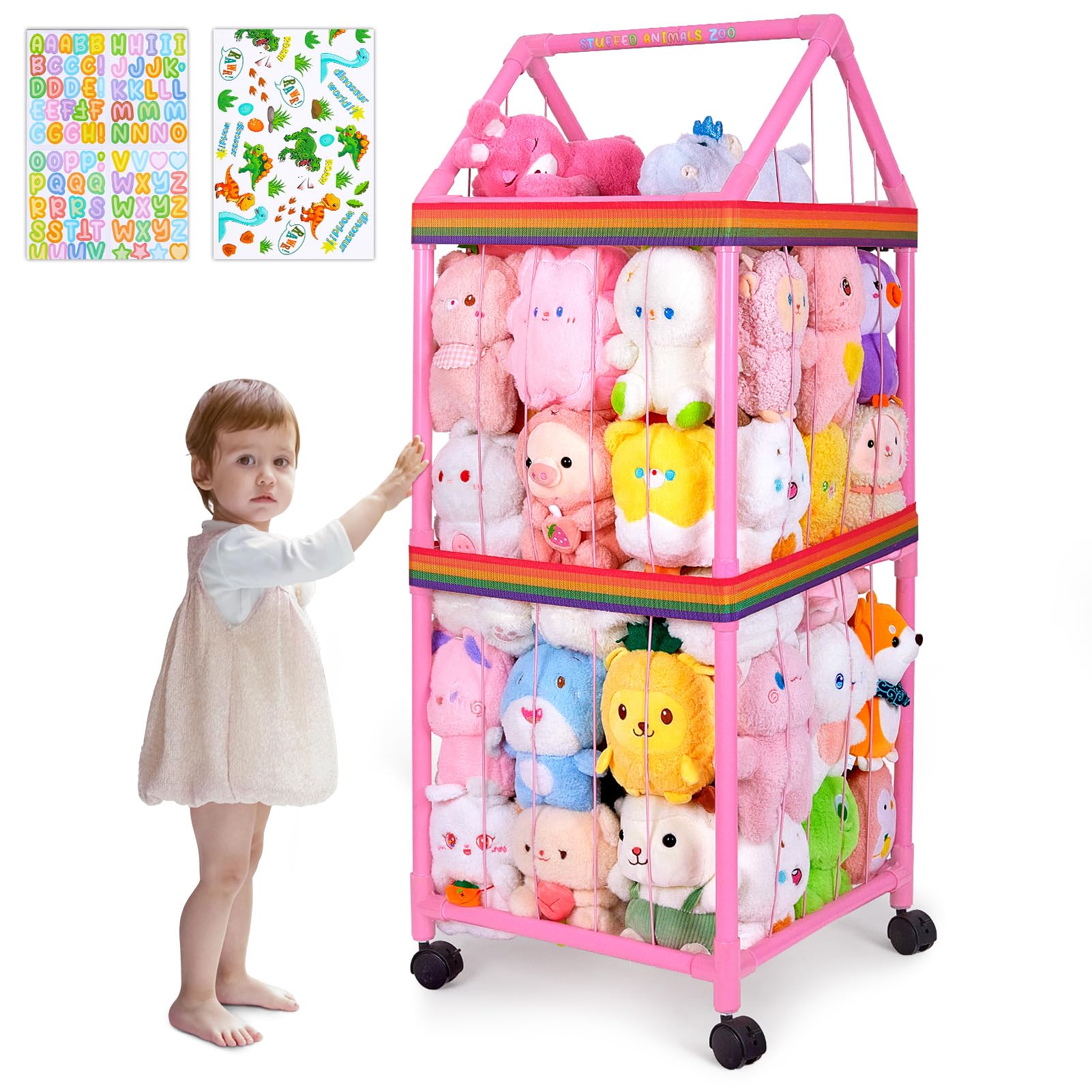 MHJY Kuscheltier-Aufbewahrung Zoo mit Rollen, Stofftier Aufbewahrungsbox aus PVC, Großes Plüschtier-Regal mit Gummibändern, Spielzeug Organizer für 
