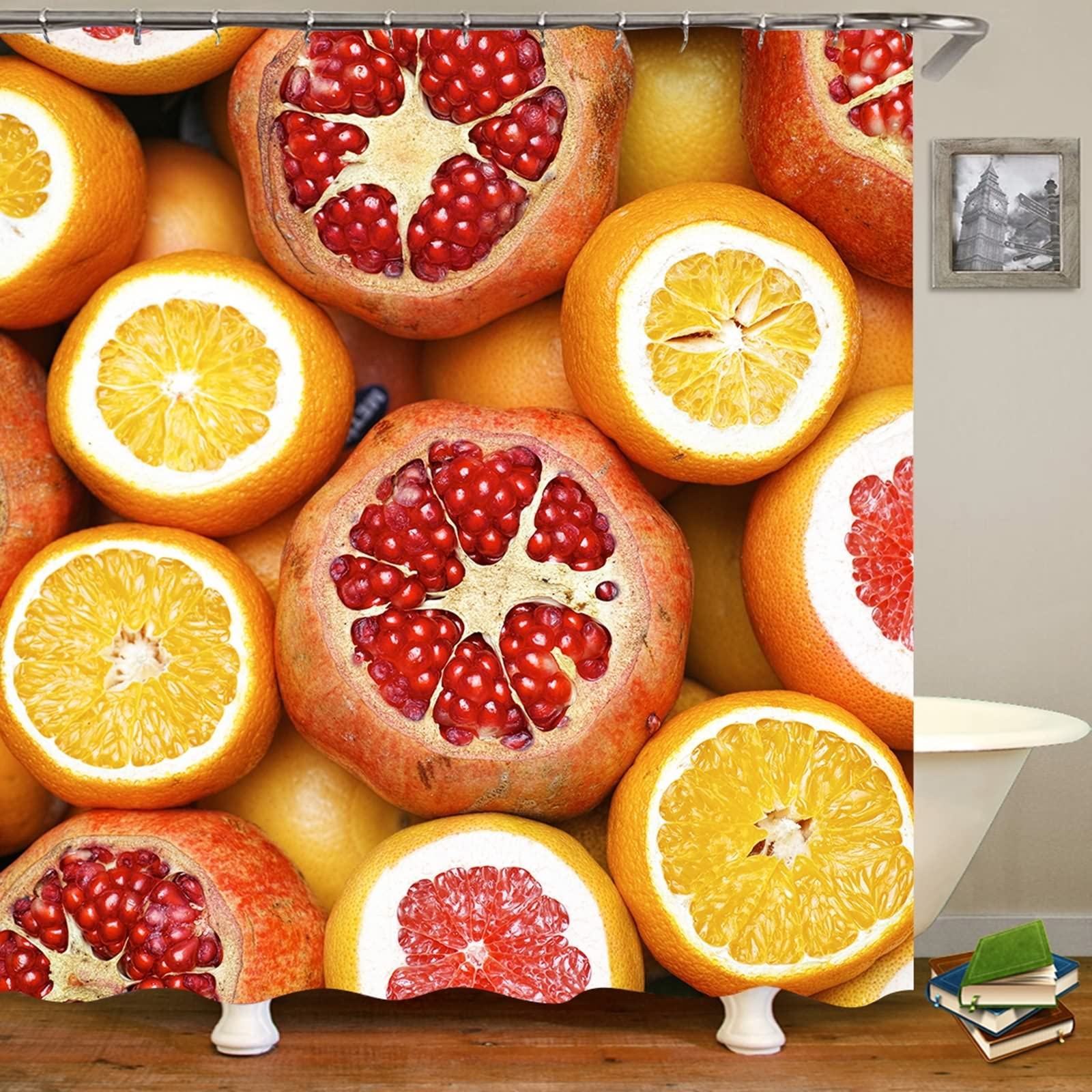 Rideau douche orange 165x200cm imperméable en polyester à motif grenade avec anneaux KnSam