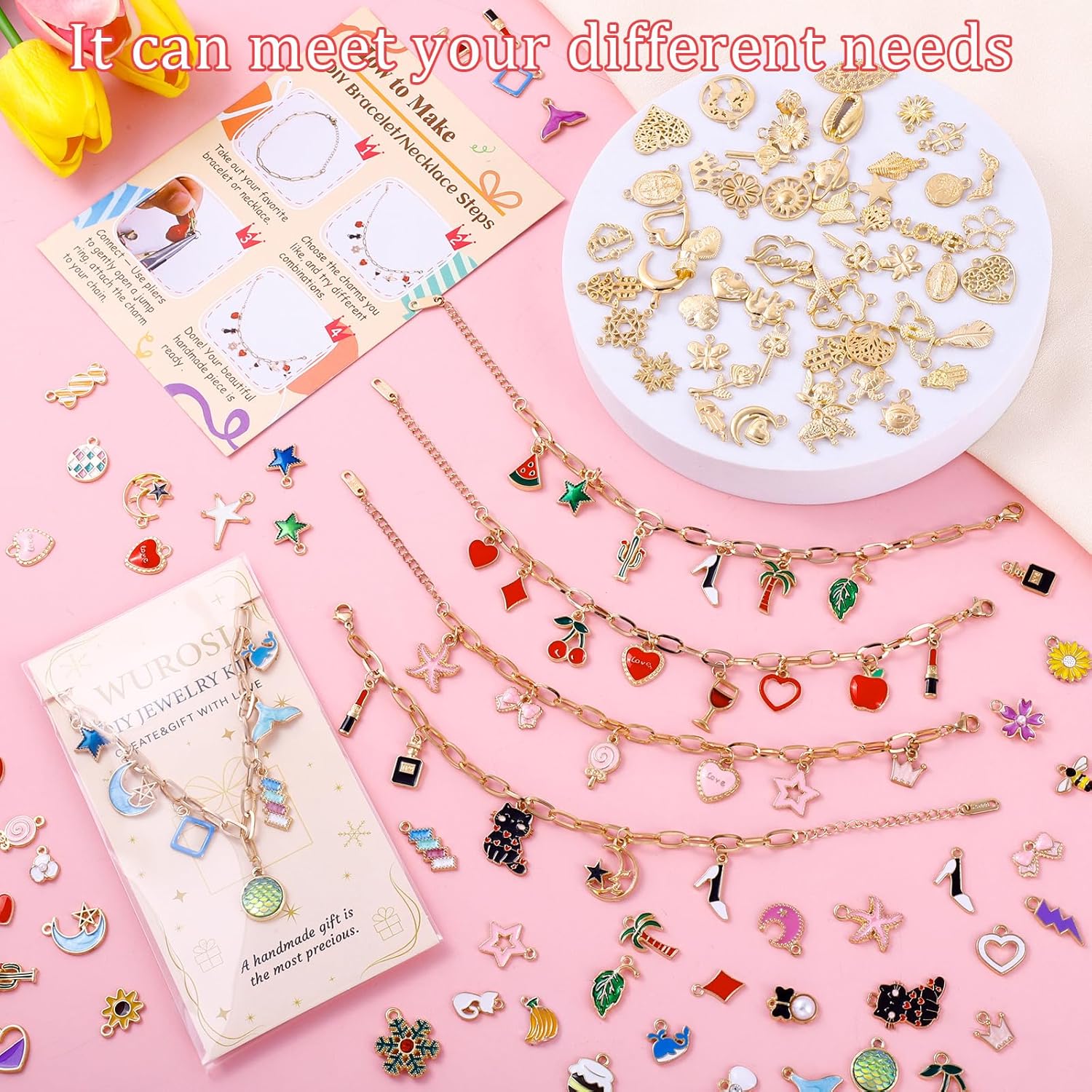 Wurosi 413 Pieces Gold Paperclip Charm Bracelet Making Kit, Including Paperclip Chain Bracelets, Charms, Jump Rings, Gift Bags, Pliers for Crafts Beginner Supplies Gift - Image 4