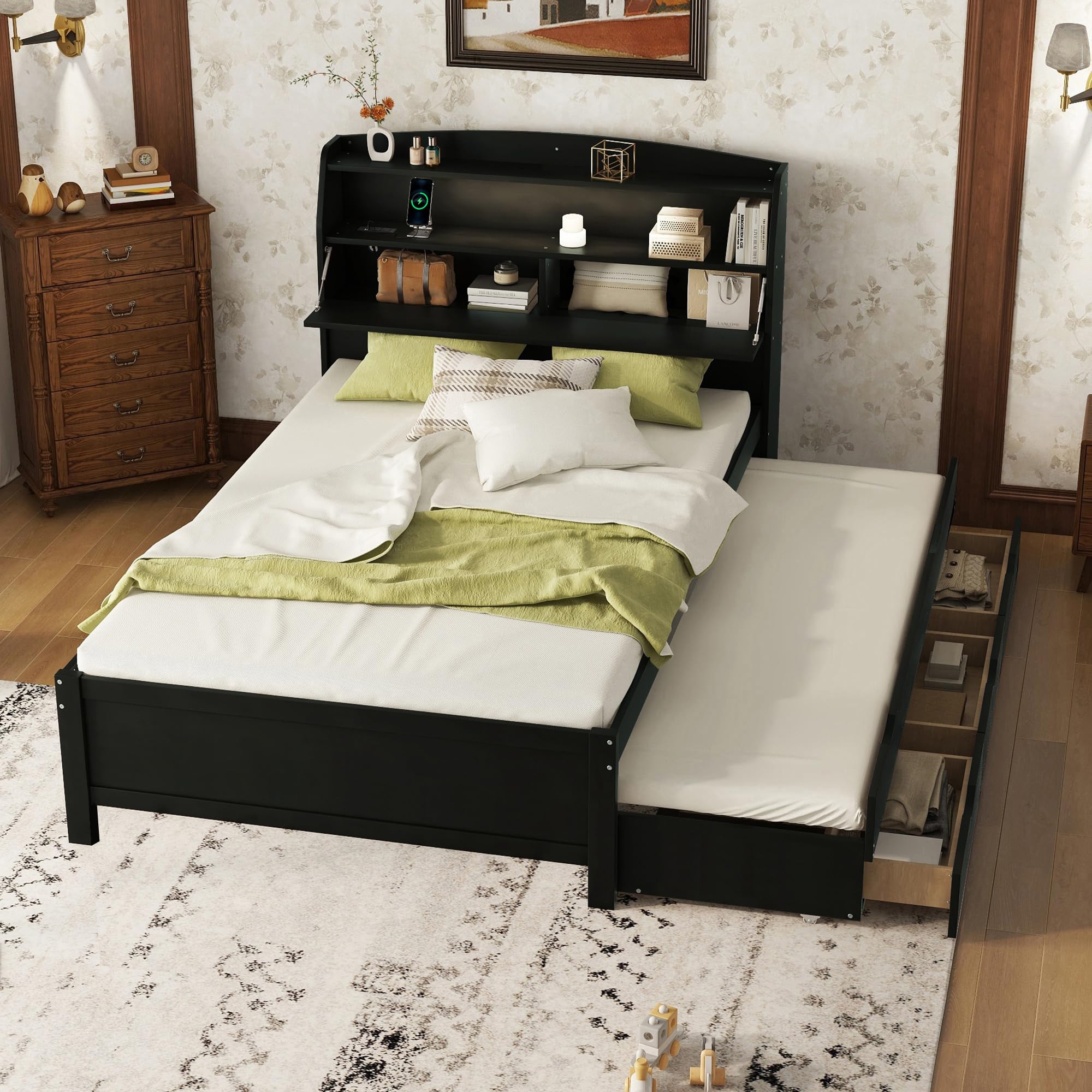 Full Size Storage Platform Bed with Trundle and LED, Wooden Bed Frame with Storage Headboard and Drawers (Brown, Full)