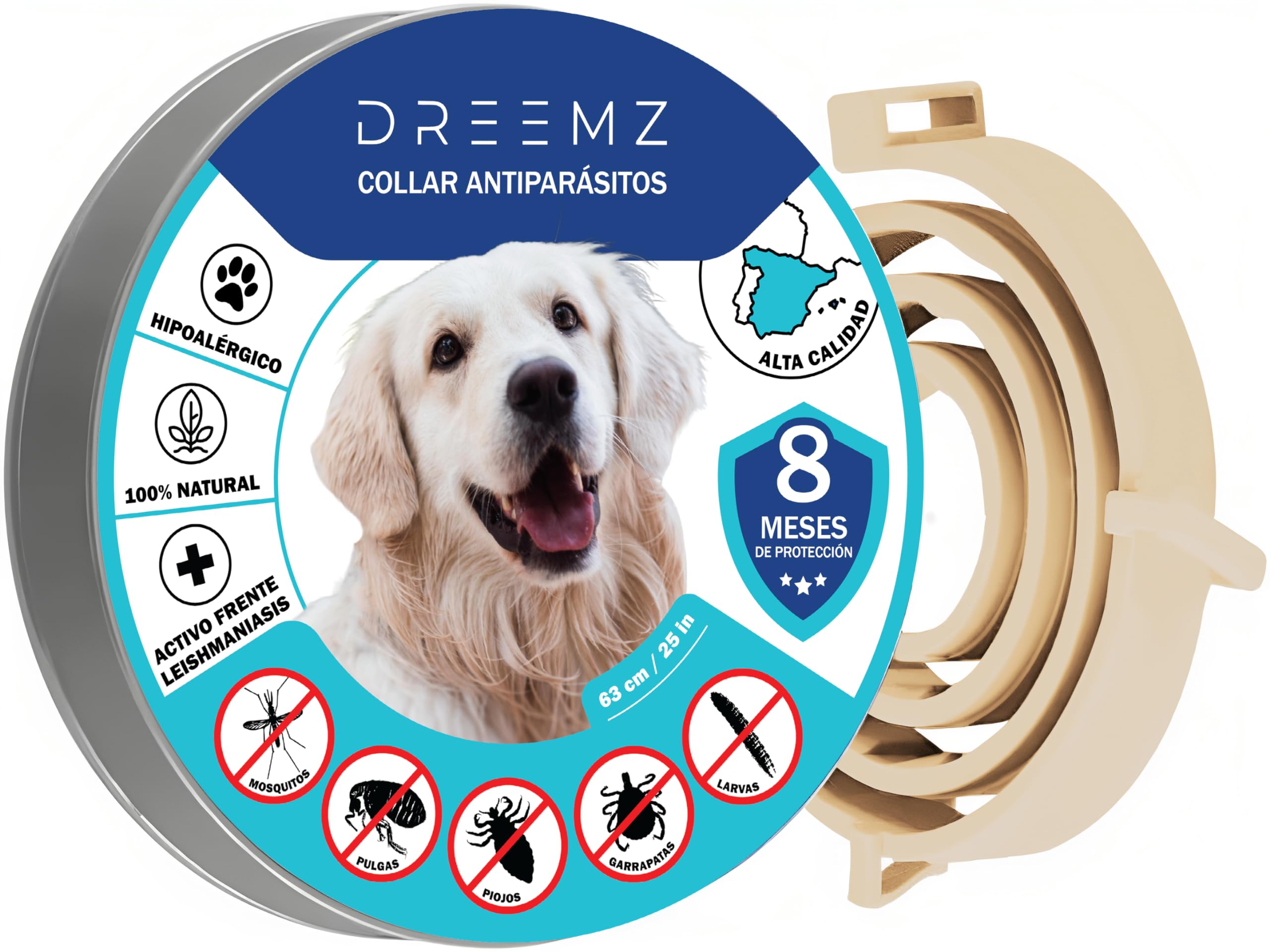 DREEMZ® Collar Antiparasitario Perros-Collar Antipulgas-Collar contra pulgas, garrapatas y Mosquitos, 8 Meses protección-63cm Ajustable Todos tamaños-100% Natural-Impermeable-Repelente-Color (Blanco)