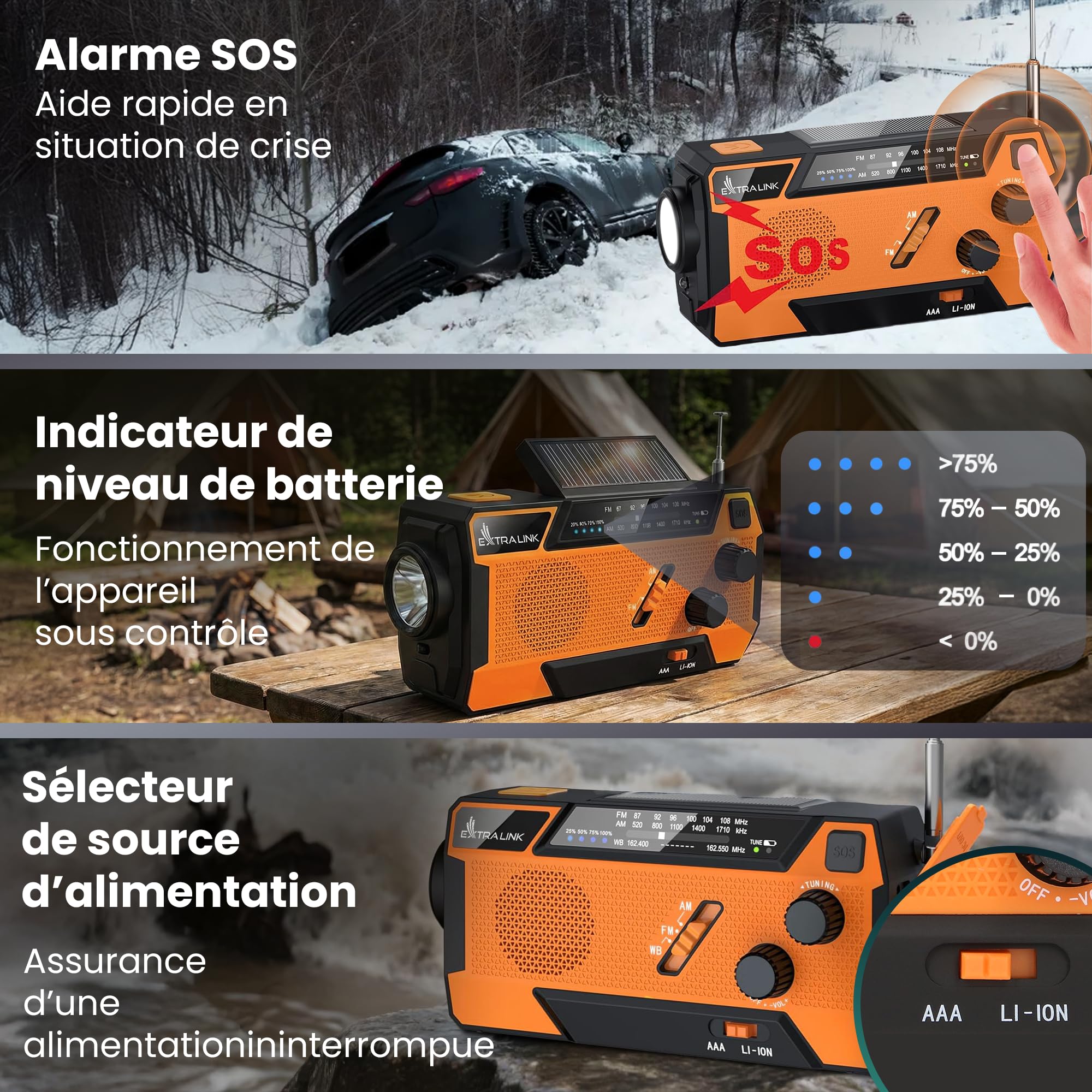 Radio Portable d'Urgence à Manivelle avec Panneau Solaire 4000mAh FM/AM Torche LED SOS Extralink