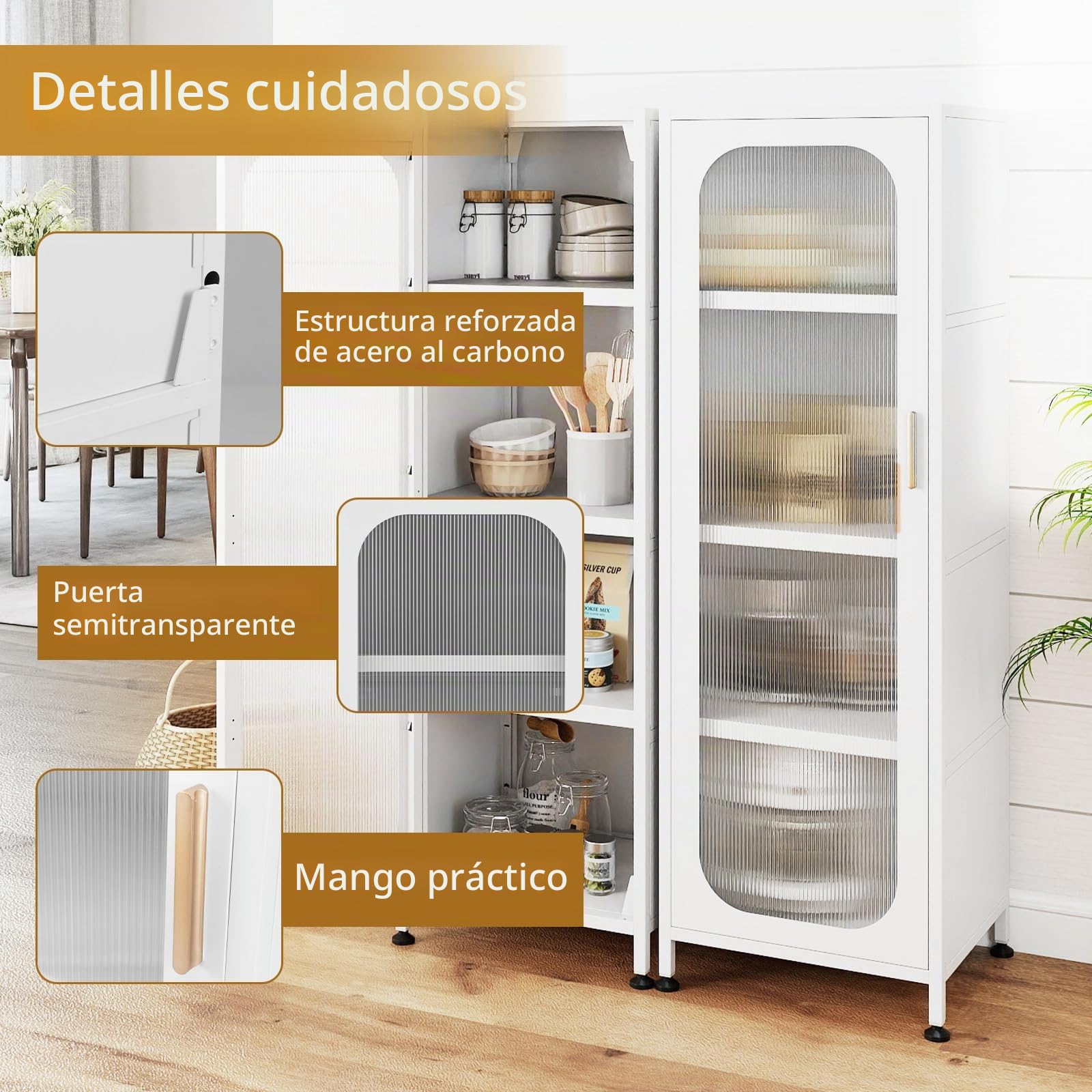 KOMFOTTEU Estantería de Cocina de 5 Niveles de Acero, Armario de Cocina con Ruedas con Estantes Ajustables y Puerta Transparente, Mueble Buffet para Comedor, Salón, 45 x 40 x 141 cm (Blanco)