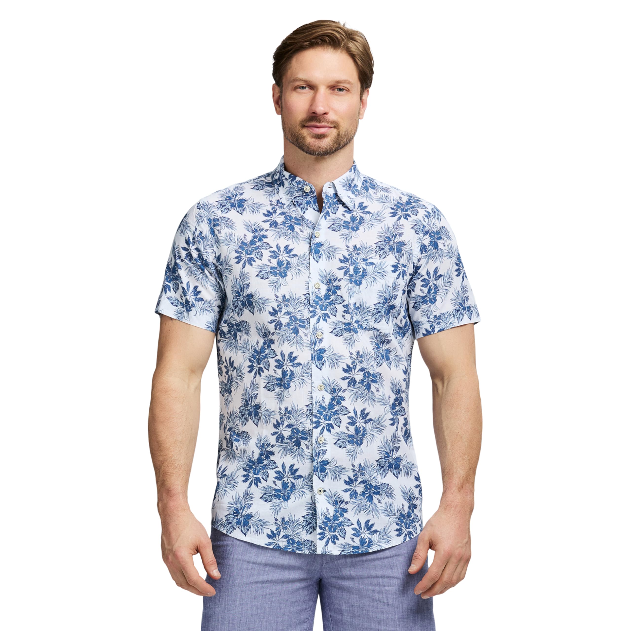 Izod Men's Saltwater Dockside Chambray Short Sleeve Button Down Shirt, Bright White Printed, XL