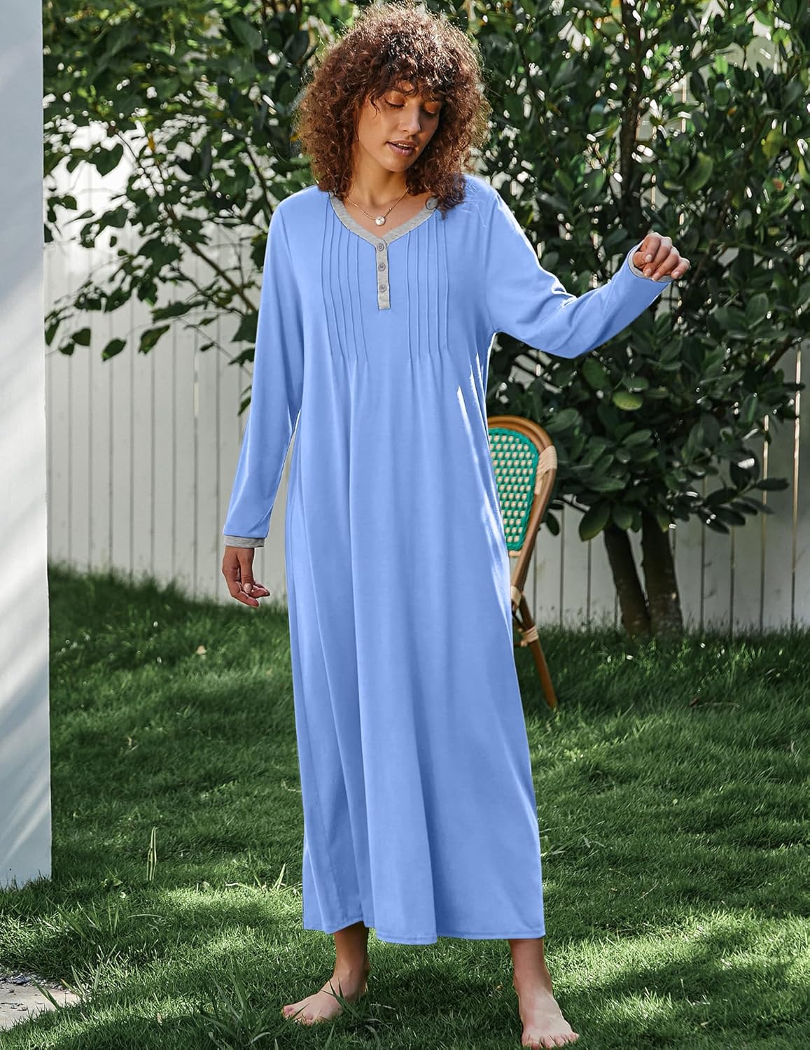Ekouaer Women's Long Sleeve Nightgown Full Length Sleepwear Long Sleepshirts Henley Sleep Dress S-4XL - Image 5
