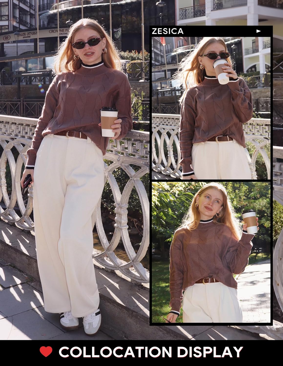 ZESICA Women's Casual Long Sleeve Mock Neck Cable Knit Contrast Color Fall 2026 Winter Chunky Pullover Sweater - Image 5