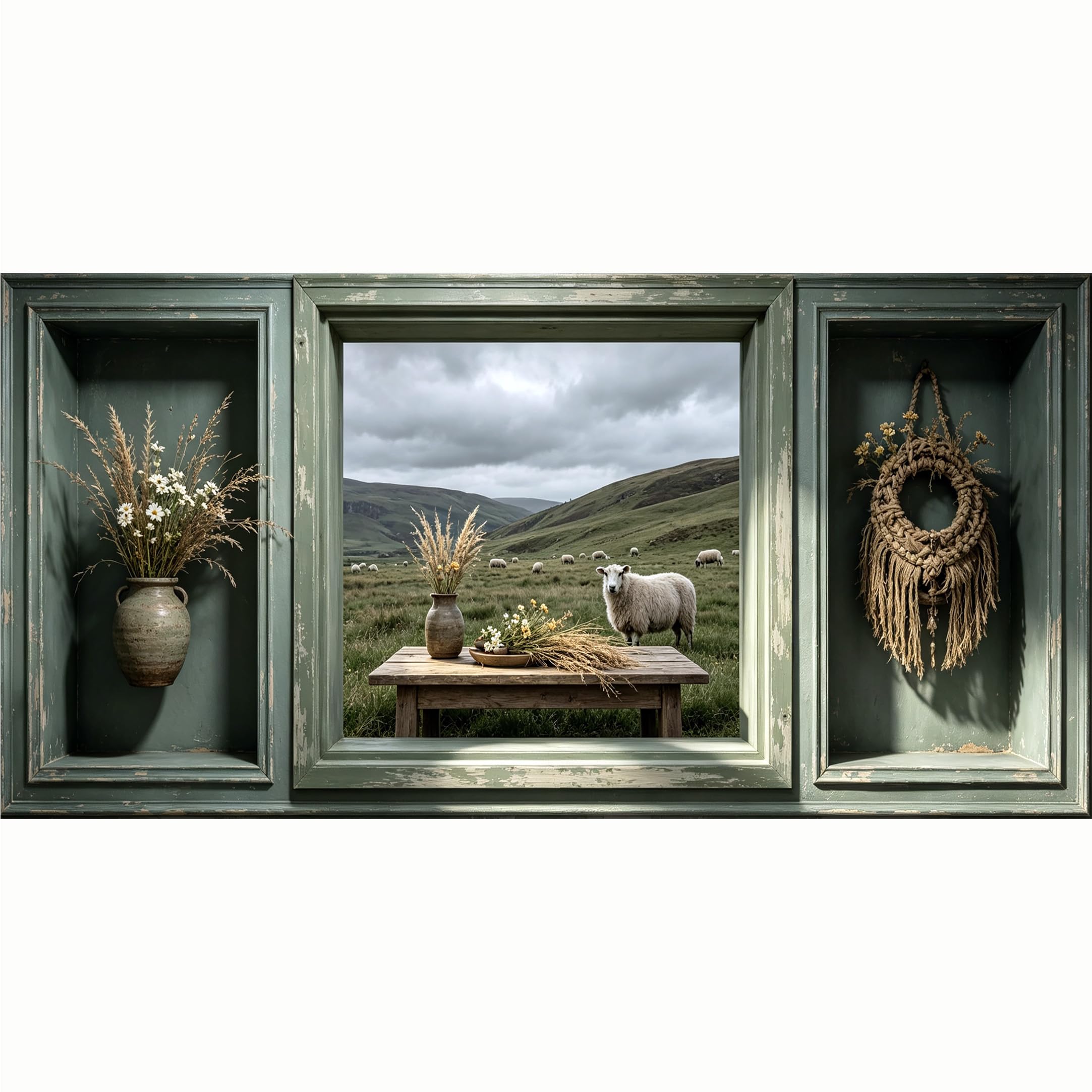 QZLITHOTIC 50x100cm 3D Framed Wall Art， Farmhouse Highland Sheep Landscape Self‑Adhesive Mural， Water‑Activated Peel & Stick Fabric Decor Wall Decal for Bedroom Living Room
