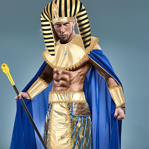 Miniatura 6 de Ramede Juego de 5 piezas de disfraz de faraón egipcio para hombre, incluye sombrero, tocado, puños, collar de cinturón de bastón de faraón