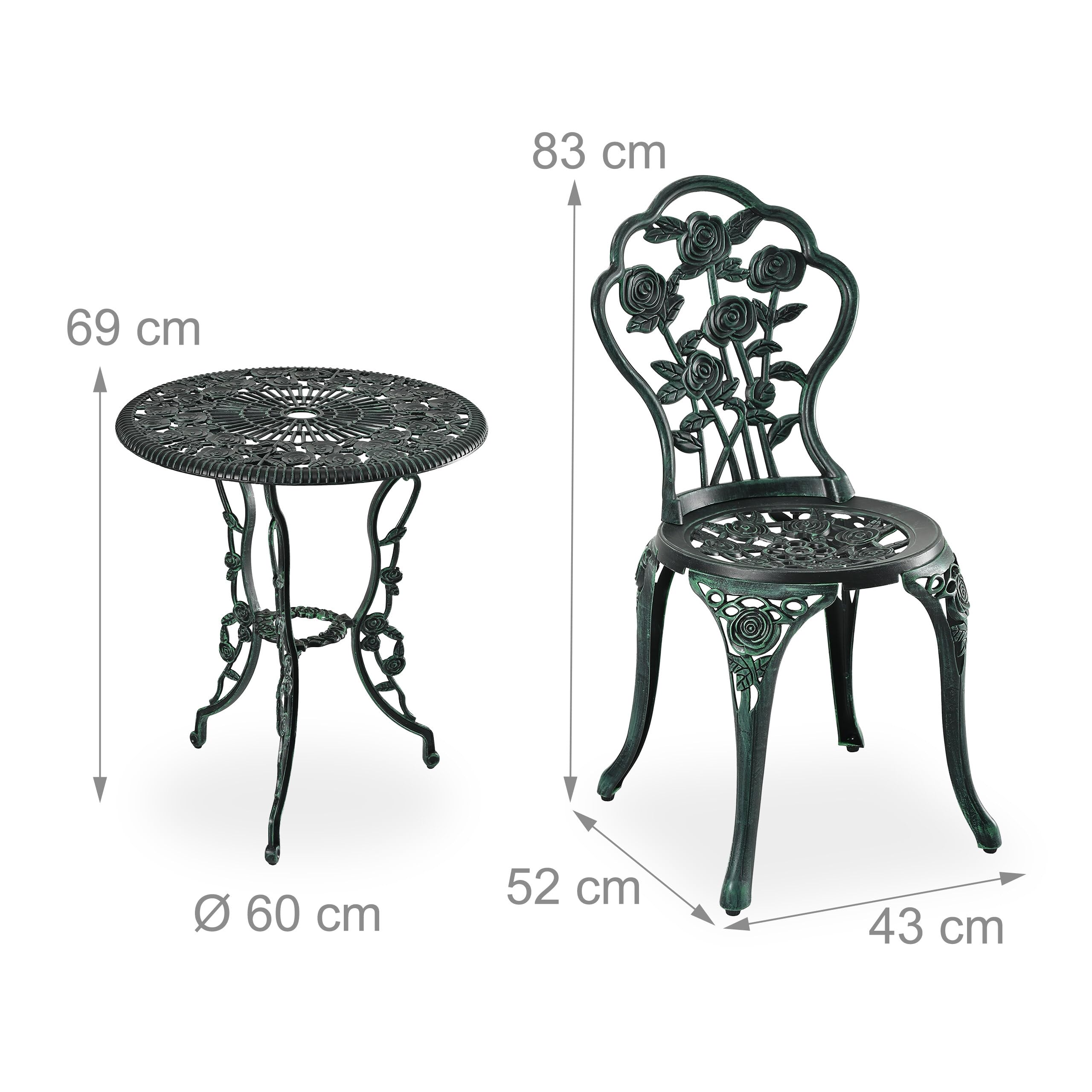 Relaxdays Set da Bistrot da 3, Tavolino da Giardino, 2 Sedie, Balcone, Stile Ferro Battuto, in Alluminio, Vari Colori