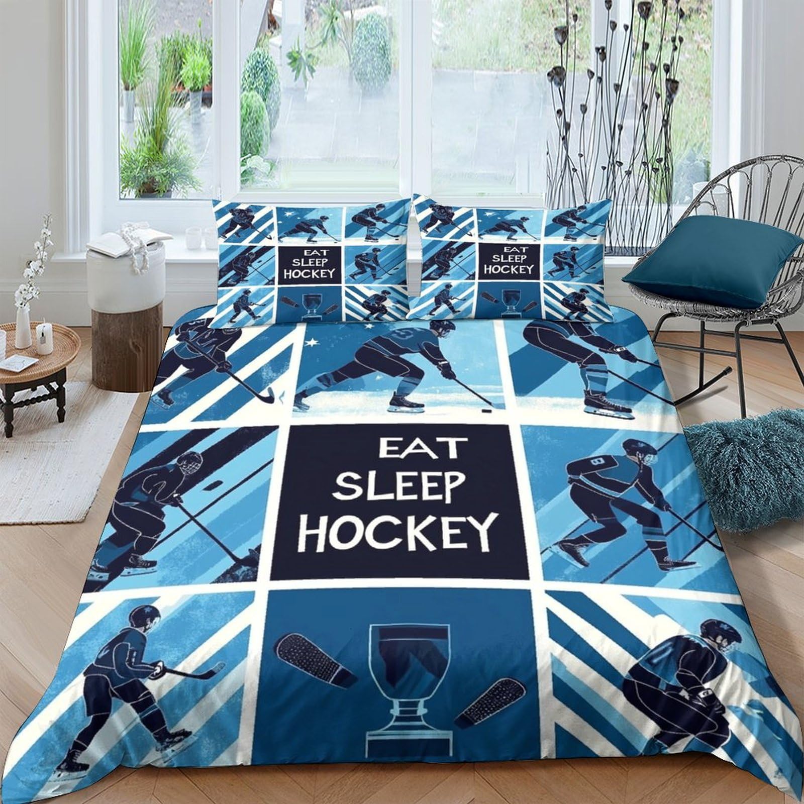 Ctjqhvkz Style-7 3D Printed Hockey Player Fitted Sheet Microfiber Blue Sports Eat Sleep Hockey Mattress Cover Bedroom Decor Single（135X200cm）