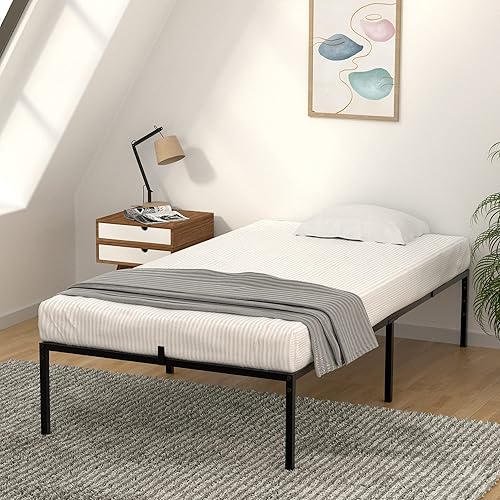 Miniatura 4 de Amyove Marco de cama de plataforma de metal individual de 14 pulgadas, no necesita somier, listones de acero resistente con almacenamiento fácil de
