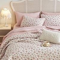 WakeInCloud Pink Floral Quilt Set Queen/Full - Coquette Cottagecore Reversible Bedspread Coverlet, 3-Piece Lightweight Shabby Chic Bedding for Women Teens