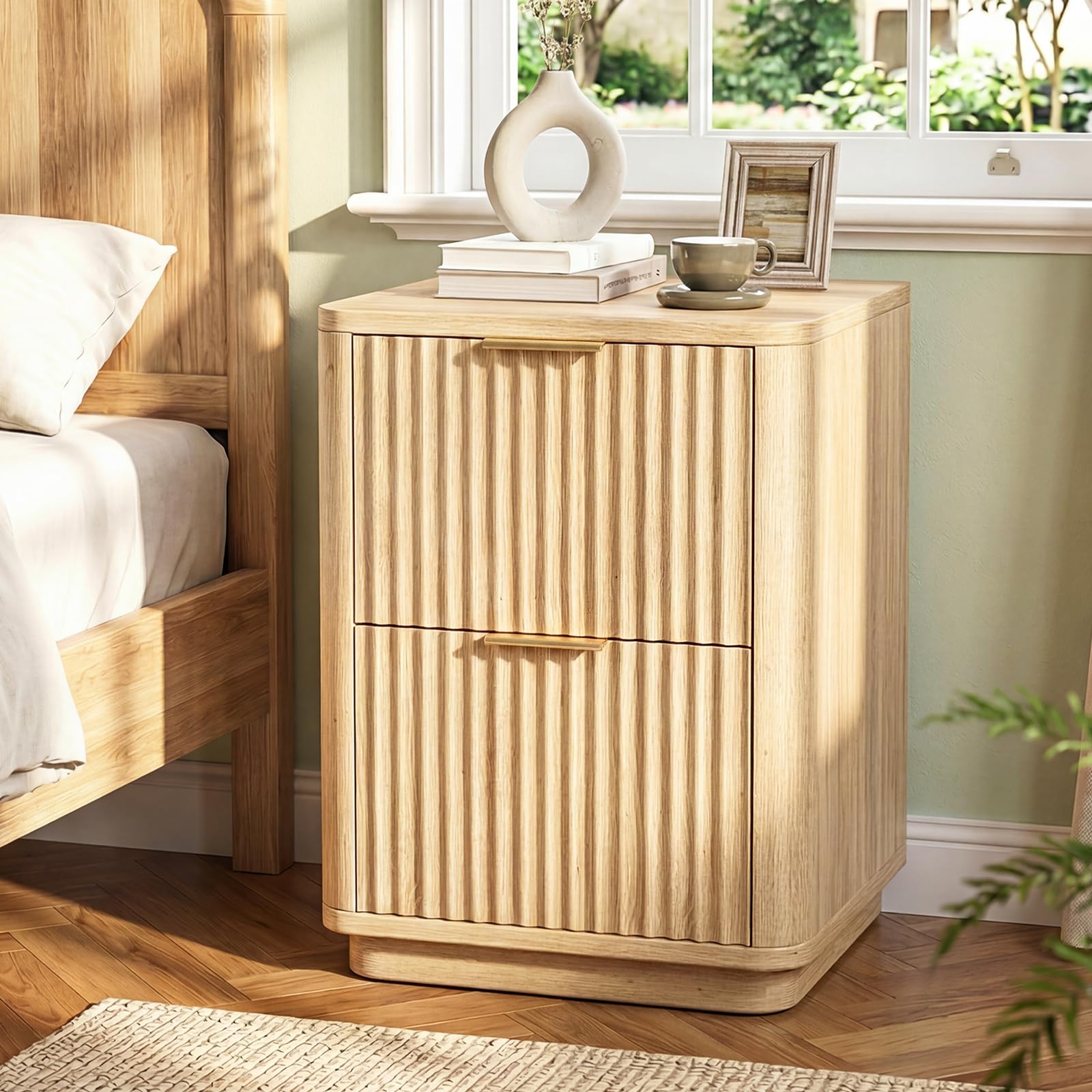 Bonnlo Fluted Bedside Table with Small 2 Drawers,Oak Grille Nightstand,Sofa End Table, Modern Bedside Storage Drawers for Bedroom, Living Room