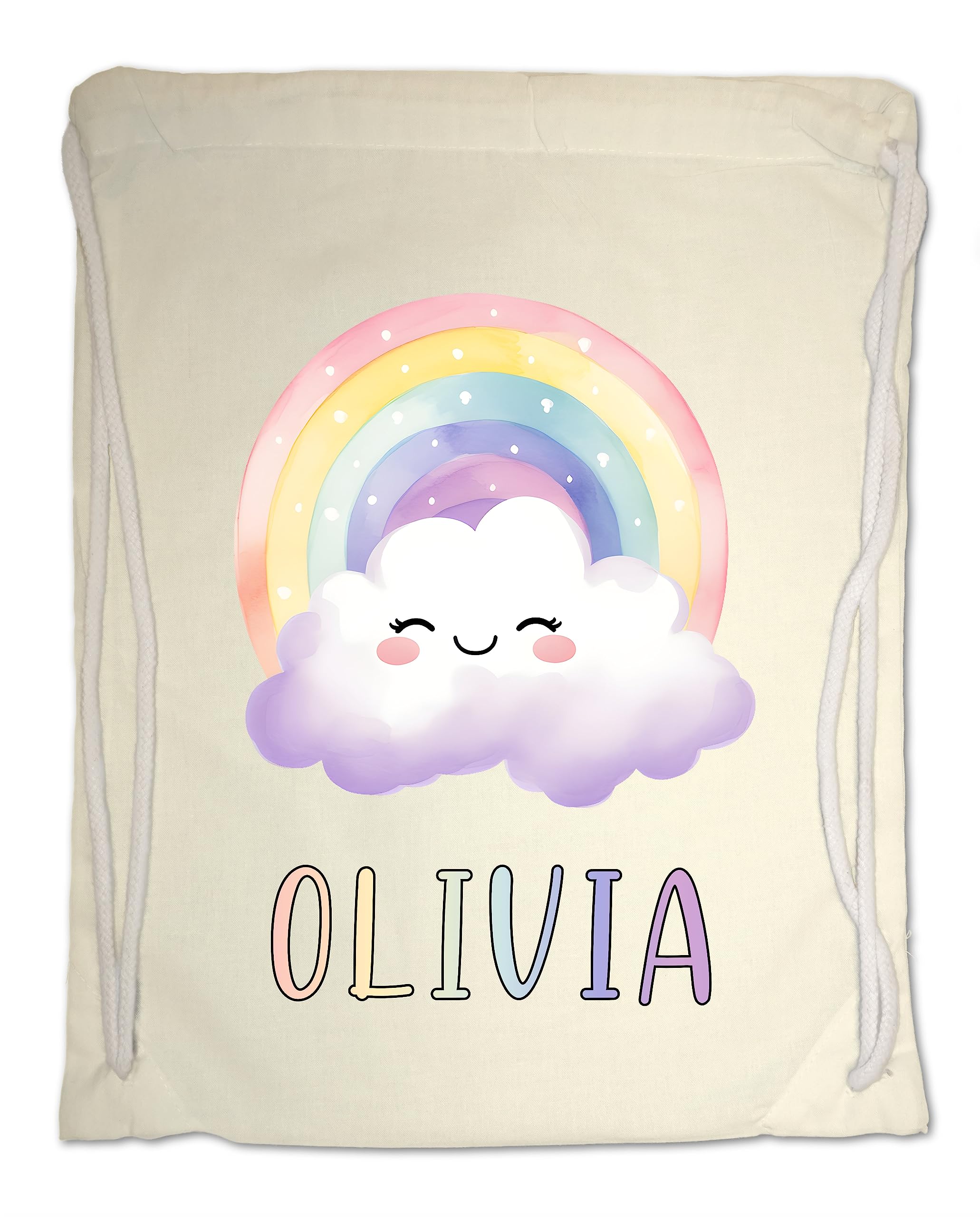 Kids Personalised Gym Bag. Watercolour Rainbow Clouds Any Name Swimming PE School Sports Bag. (Natural)