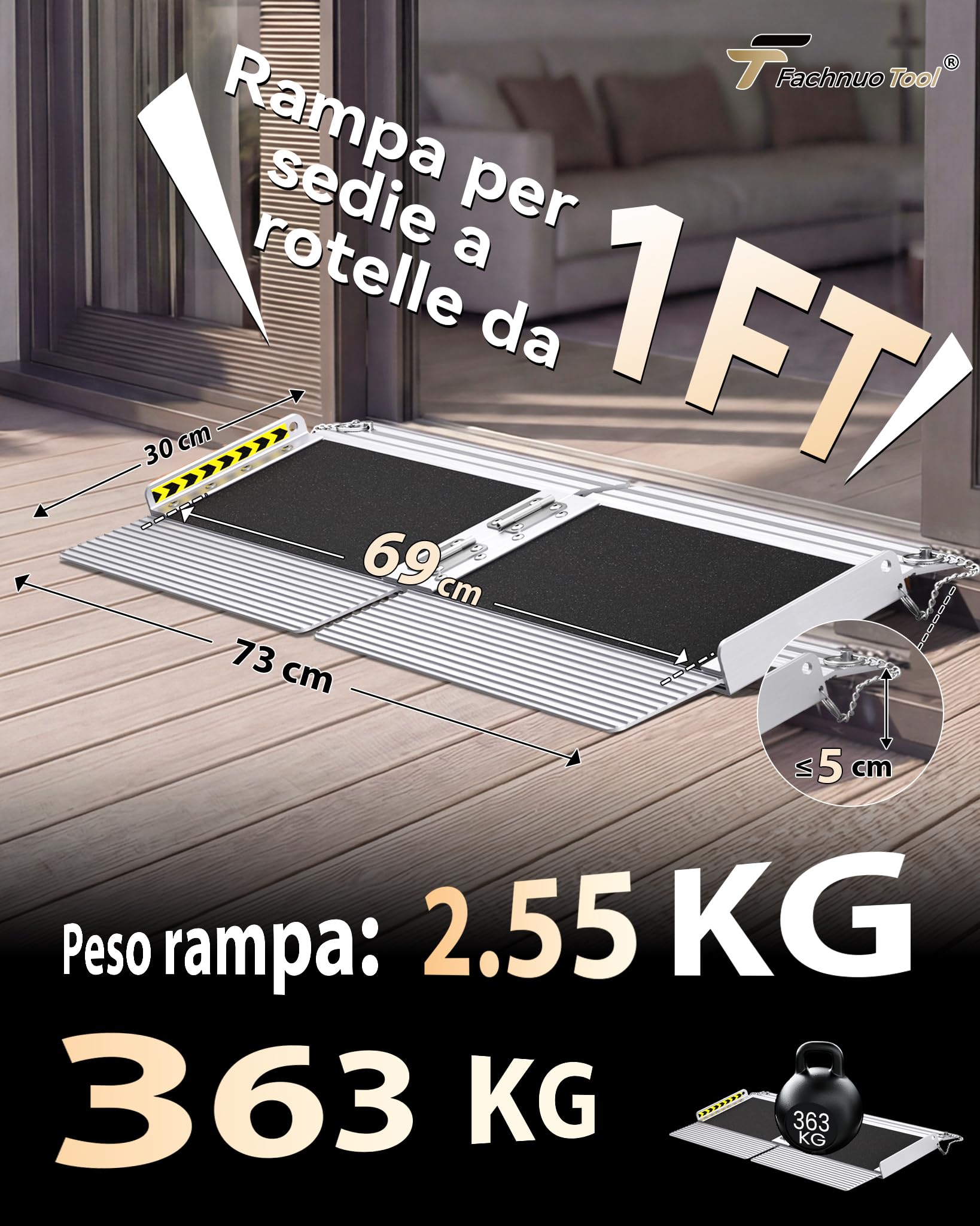 FACHNUO Rampa per soglia portatile da 30 cm, con base autoadattante, capacità di carico 363 kg, rampa per sedia a rotelle per porte di casa, rampa antiscivolo per gradini a casa, rampa pieghevole per