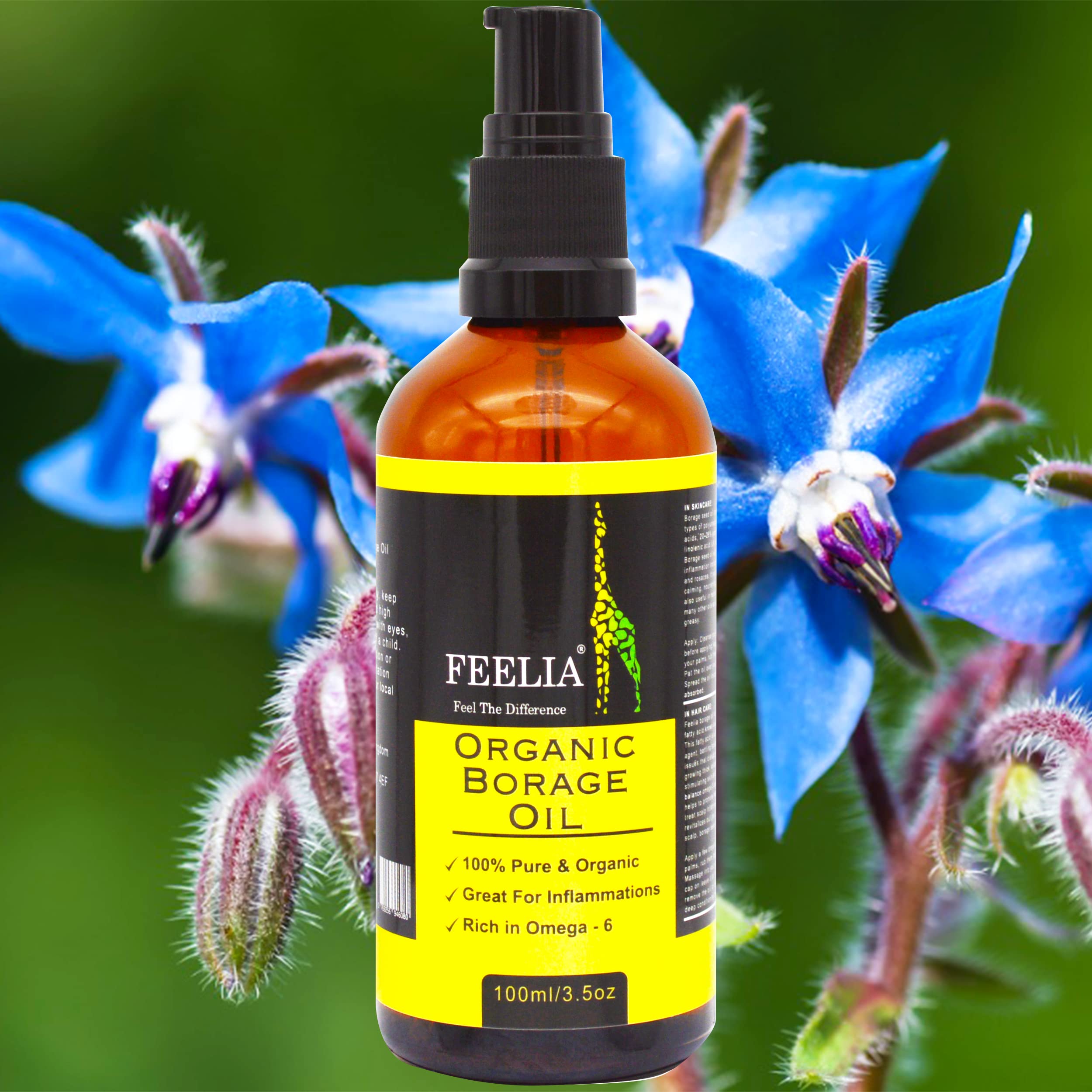 Feelia - Olio di borragine organico - spremuto a freddo, ricco di Omega 6, ottimo per le infiammazioni, 100% puro e biologico