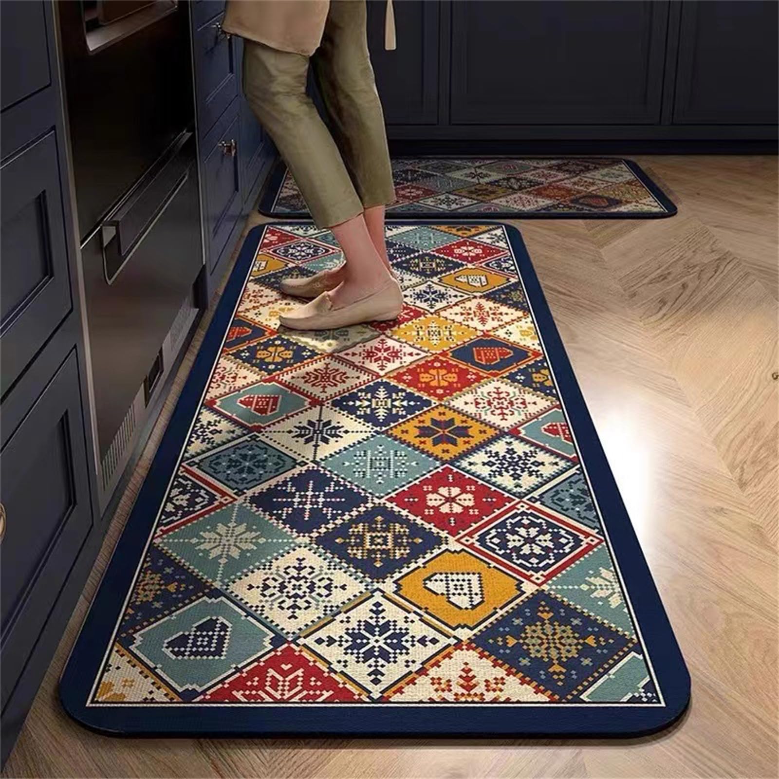 Highdi Water Absorption Kitchen Rug, Moroccan Style Kitchen Mat Door Mat, Thickness 2.5mm Non Slip Kitchen Mats Washable Kitchen Rugs, for Entryway,Laundry Room,Hallways (Navy Blue,50x120cm)