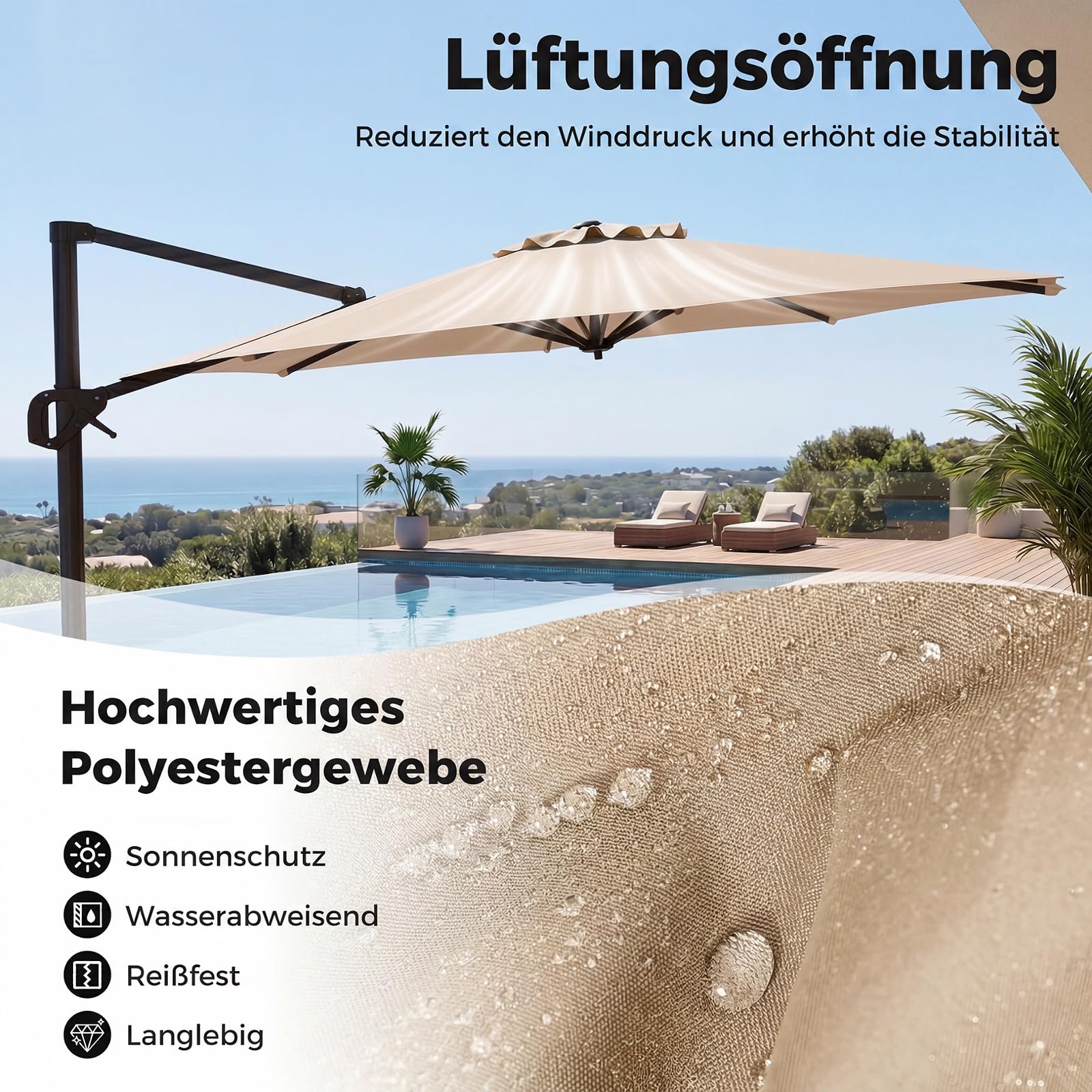 COSTWAY Sonnenschirm Alu 300 x 300 cm, Ampelschirm mit Kurbel, 360° drehbar, Neigungswinkel stufenlos verstellbar, großer Gartenschirm, Terrassenschirm, Marktschirm für Garten, Terrasse (Beige)