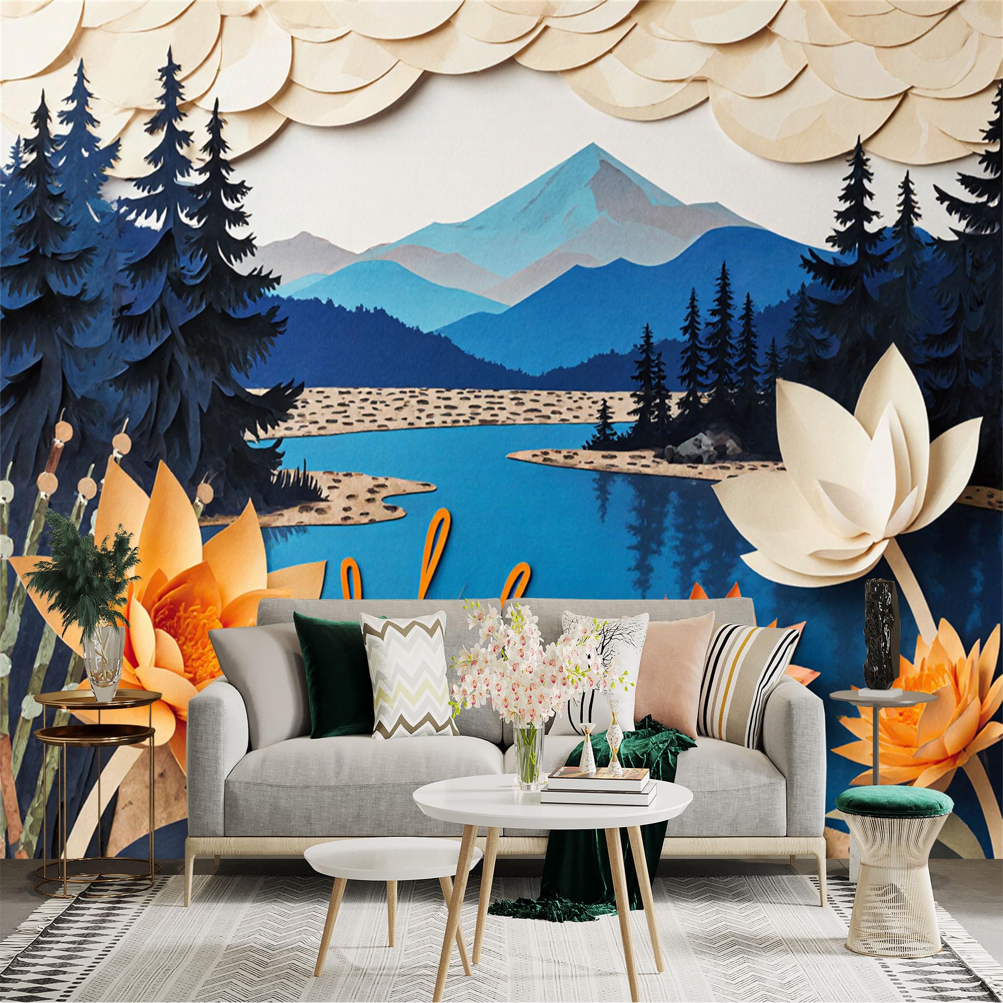 Custom Size Wall Sticker Mural， Paper Art Lake with Mountains， Water Lilies and Pine Trees， for wall Decoration， peelandstick wall Decals.