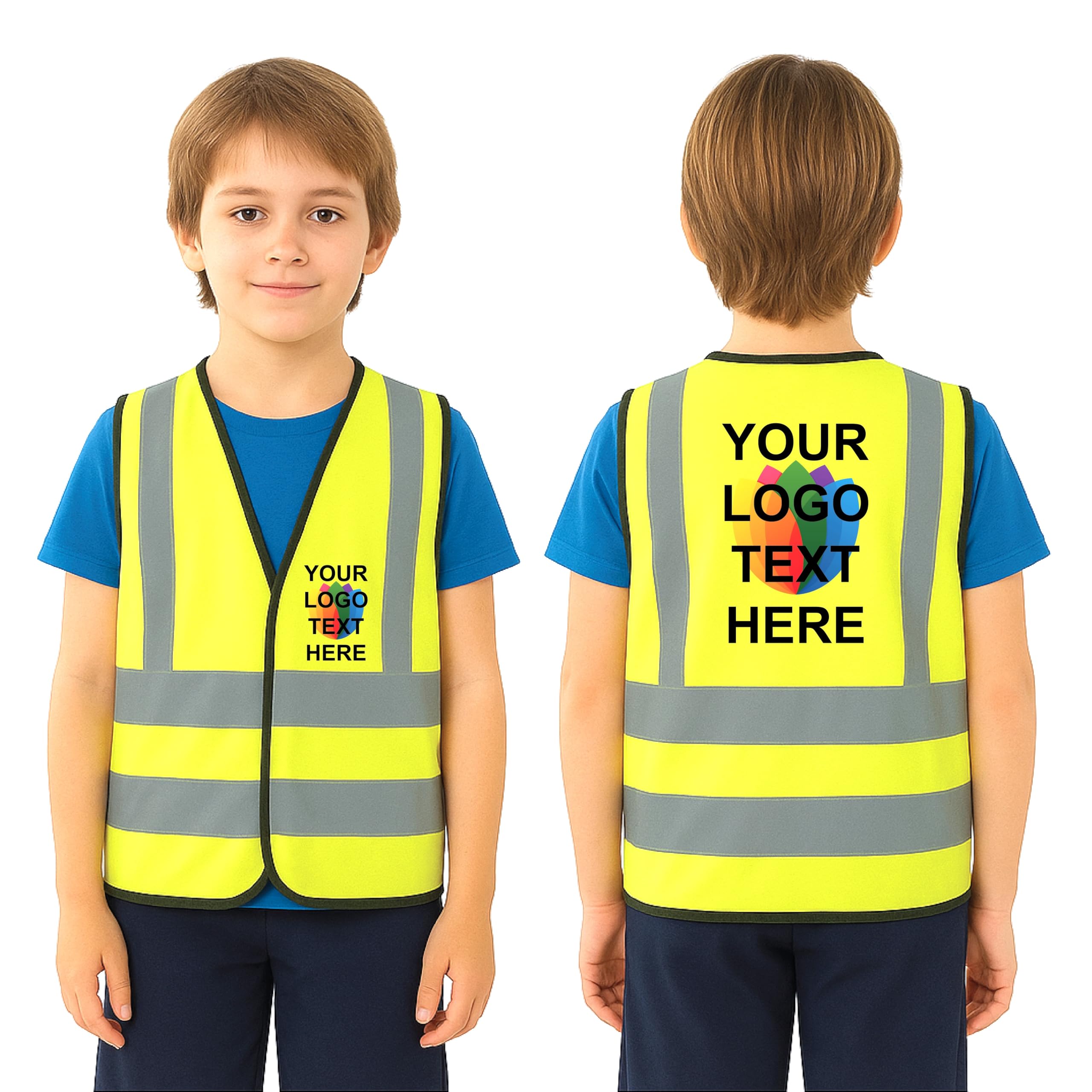 Kids Hi Vis Vest Custom Childrens High Vis Vests Jacket Personalised Yellow Viz Safety Security Waistcoat Hi-Vis Visibility Full Colour Print Reflective Strips Outdoor (Yellow, 4-6 Years)