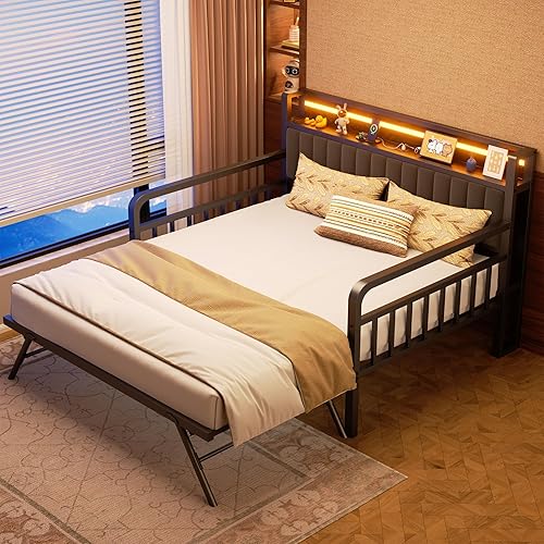 Miniatura 3 de Cama de día con nido y luz LED, marco de cama matrimonial de metal resistente con cabecera de almacenamiento tapizada y estación de carga, cama nido