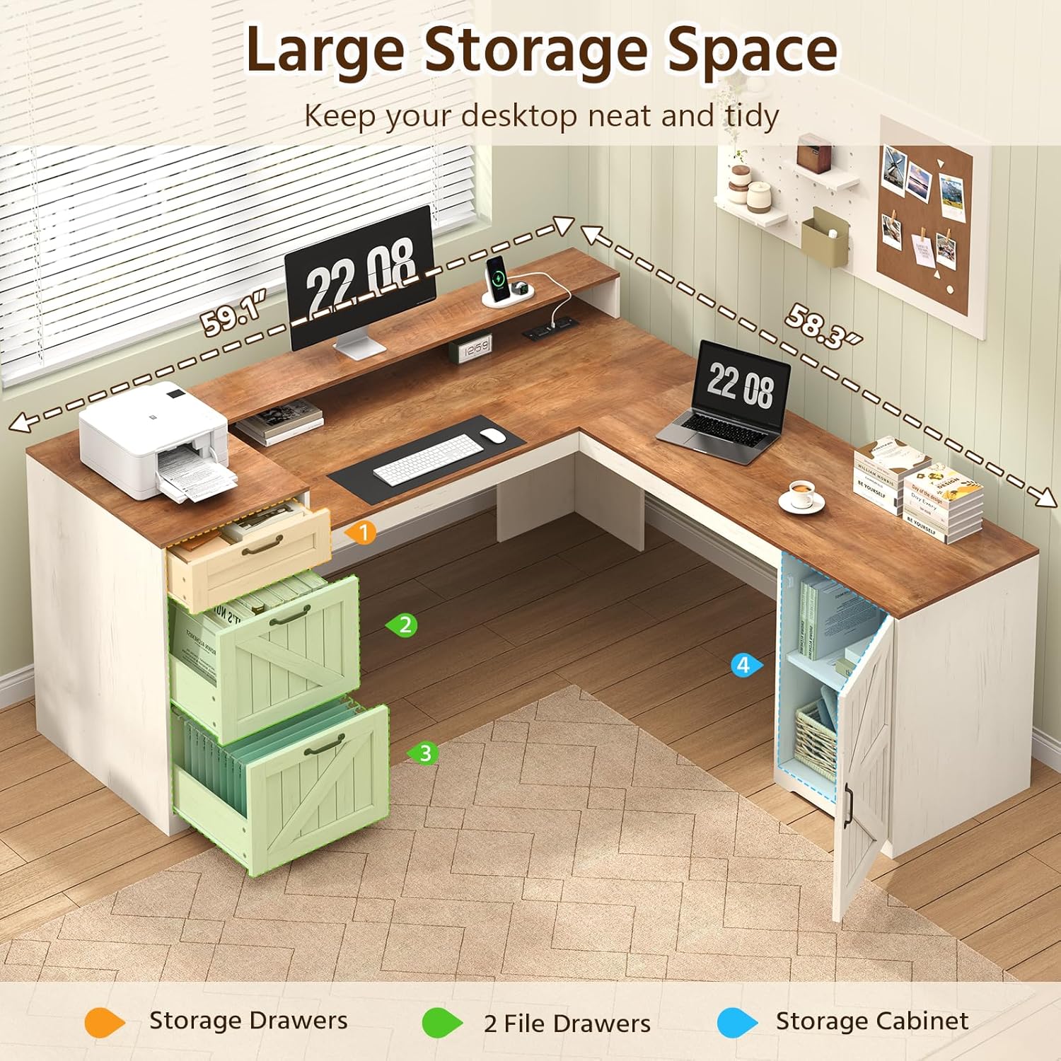 Farmhouse L Shaped Desk with Drawers and Storage Shelves, 59" L Shape Executive Desk with File Drawers and Power Outlet, Wood Computer Corner Desk with Storage Cabinet for Home Office, Antique White