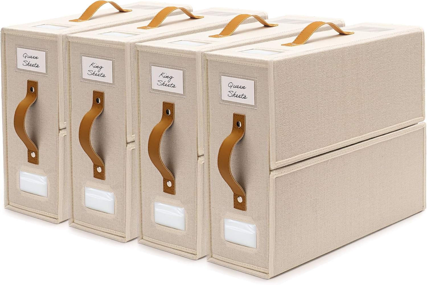 Sheet Organizers and Storage Bags for Bed Sheets, Linen, Blankets, Bedding - Under Bed or Closet Storage Boxes with Dual Handles and Organization Labels - (Beige, 4-pack) (Beige, 4-pack) Thumbnail