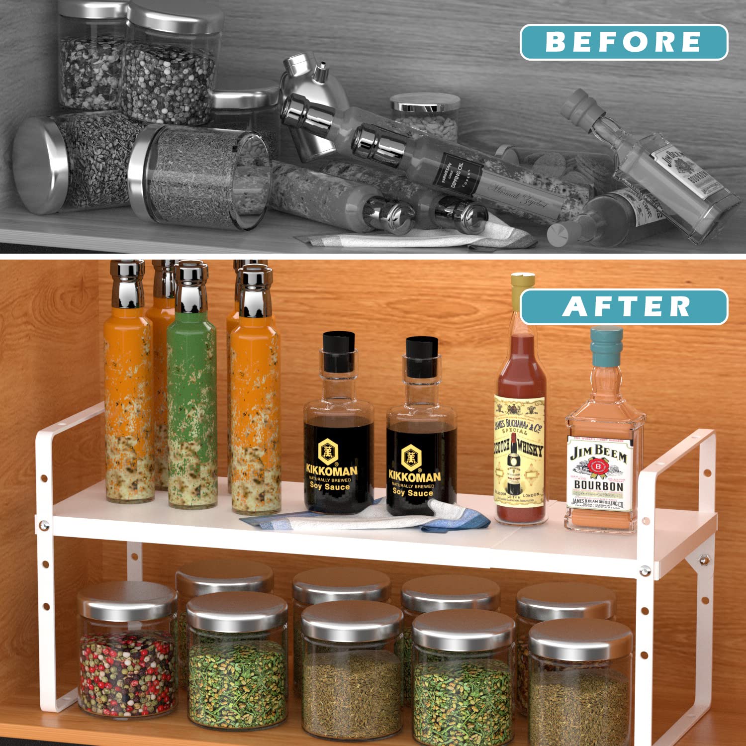 Adjustable Kitchen Countertop Organizer Expandable Cabinet Shelf Storage Rack Organization and Storage for Pantry Cabinet Kitchen Bathroom Bedroom, White, Set of 1, GNEOUS Greal