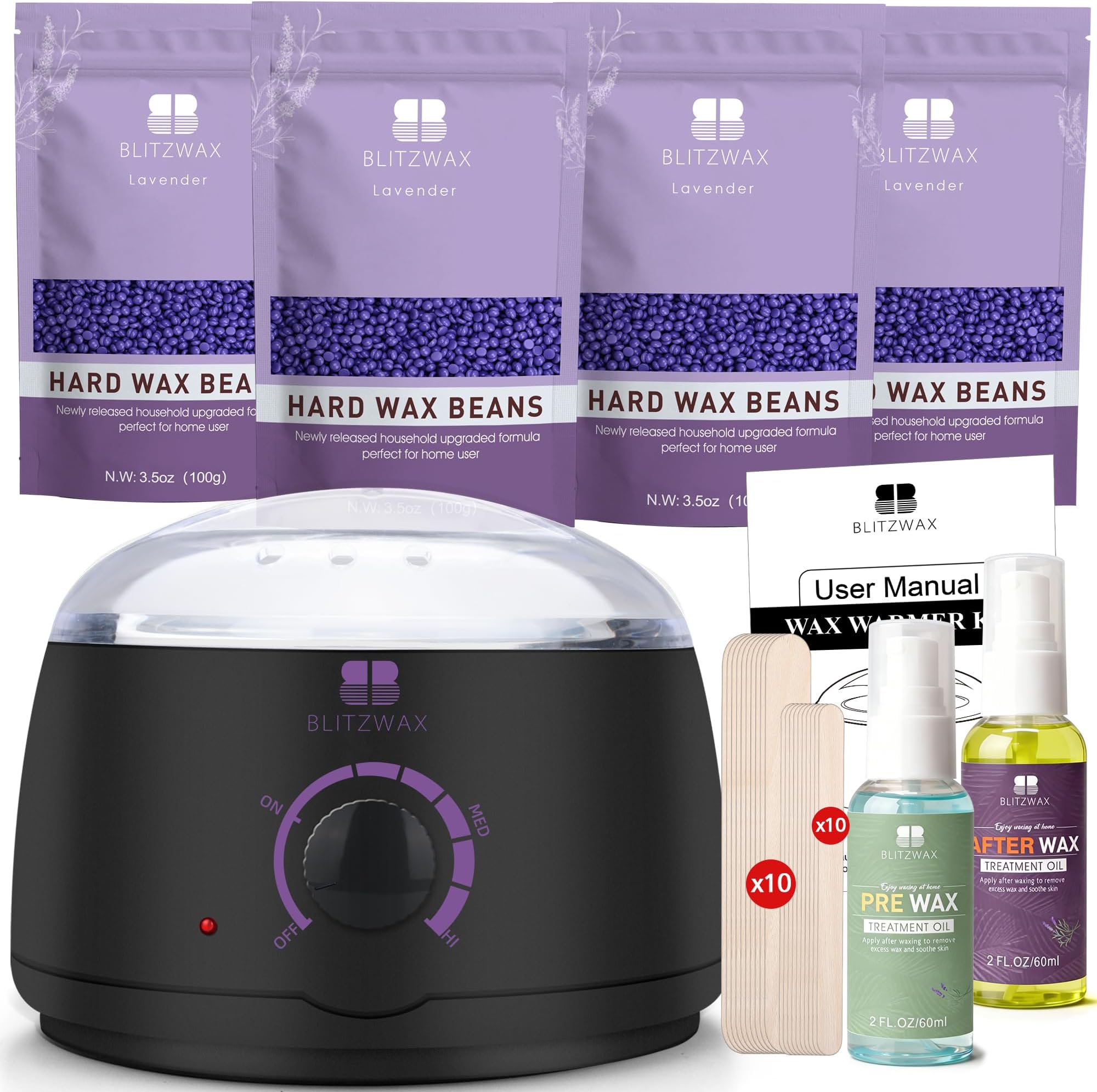 BLITZWAX Brazilian and Bikini Waxing Kit for Women, Hard Wax Warmer for Face, Legs, and Body, At Home Hair Removal Kit, Beginner Friendly, Quick Heating, 28 Accessories