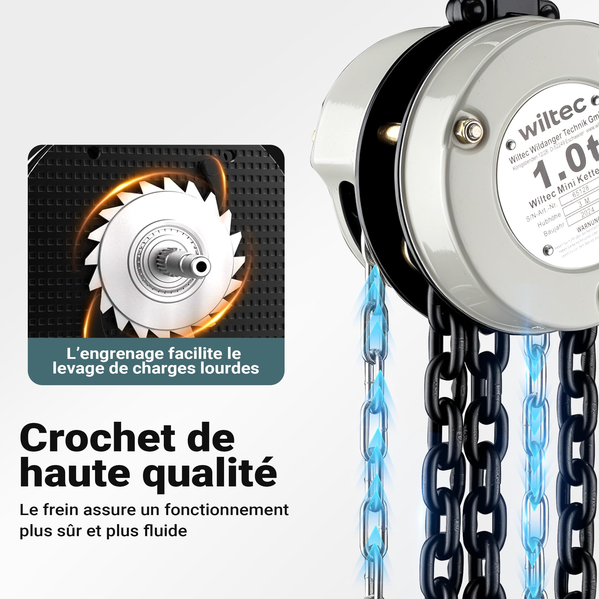 Wiltec Palan à chaîne manuel VSK-1 – Capacité de levage 1 t – Hauteur de levage 3 m – Chaîne de 3 m – Palan mécanique de levage pour atelier