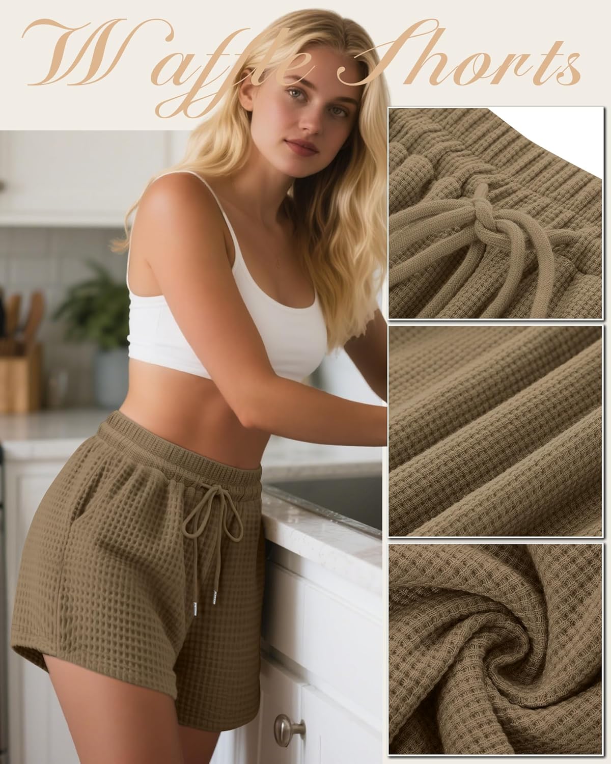 Neer 3 Pack Women's Waffle Knit Shorts High Waist Loose Drawstring Casual Summer Lightweight Soft Pants with Pockets - Image 7