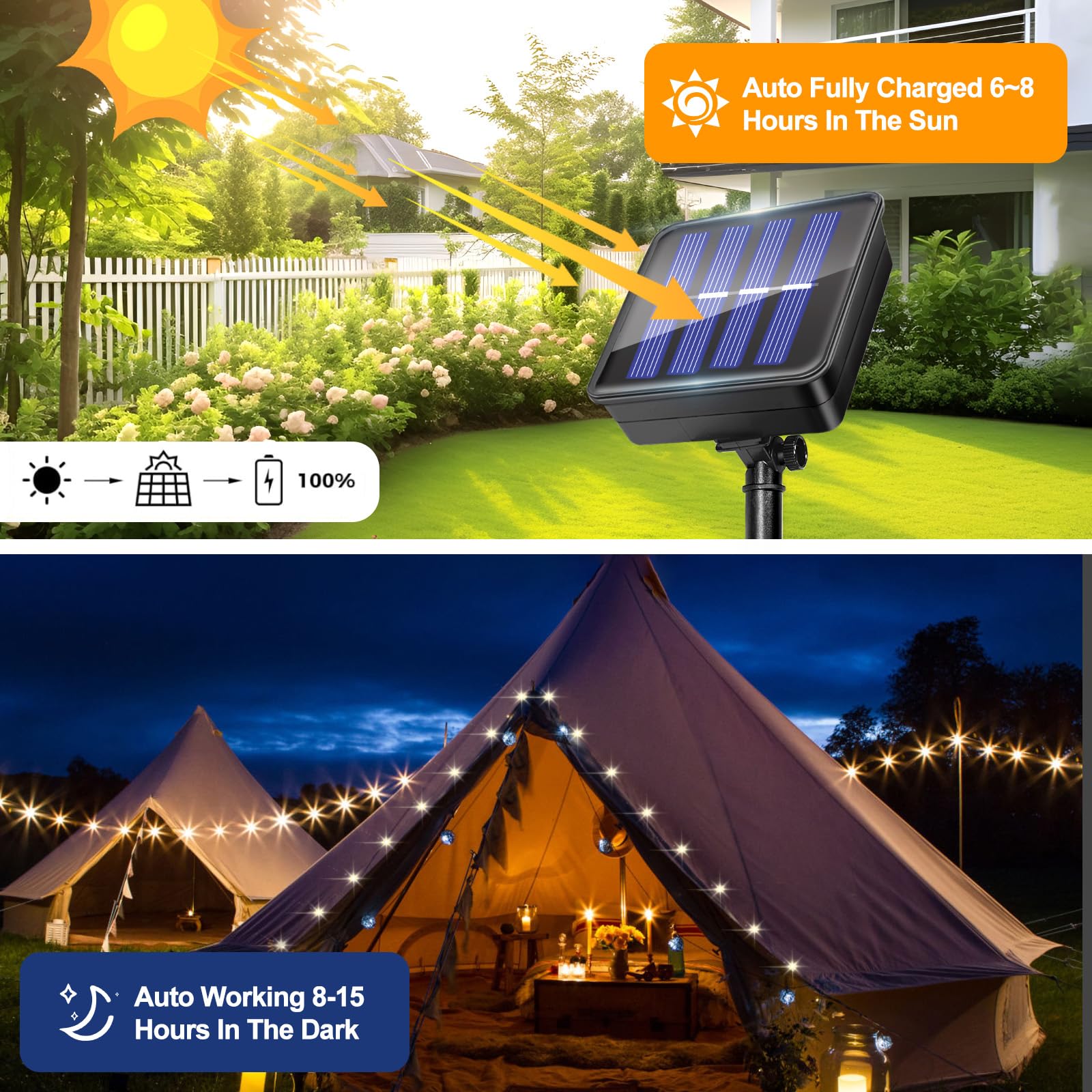 2 sztuki zewnętrznych świateł słonecznych, 12 m + 2 m 120 diod LED, zewnętrzny solarny łańcuch świetlny, 8 trybów, wodoodporny drut miedziany IP65, dekoracja do ogrodu, podwórka, patio, drzewa, Bożego