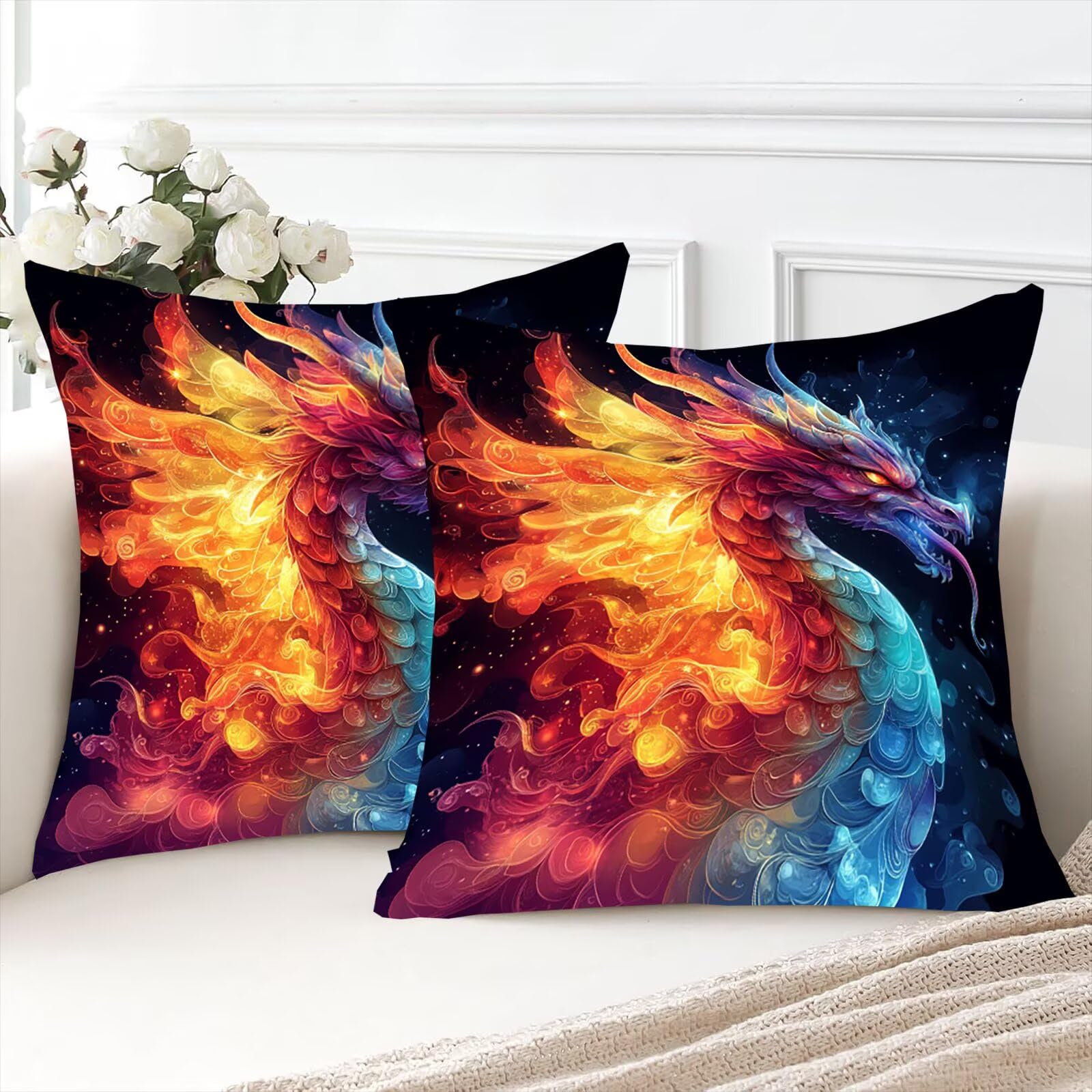 Drachen Aksamitna poszewka na poduszkę 60 x 60 cm, 2 sztuki w zestawie poszewka na poduszkę, aksamitna poduszka dekoracyjna, poduszka na kanapę, kwadratowa, ukryty zamek błyskawiczny, skrzydła do