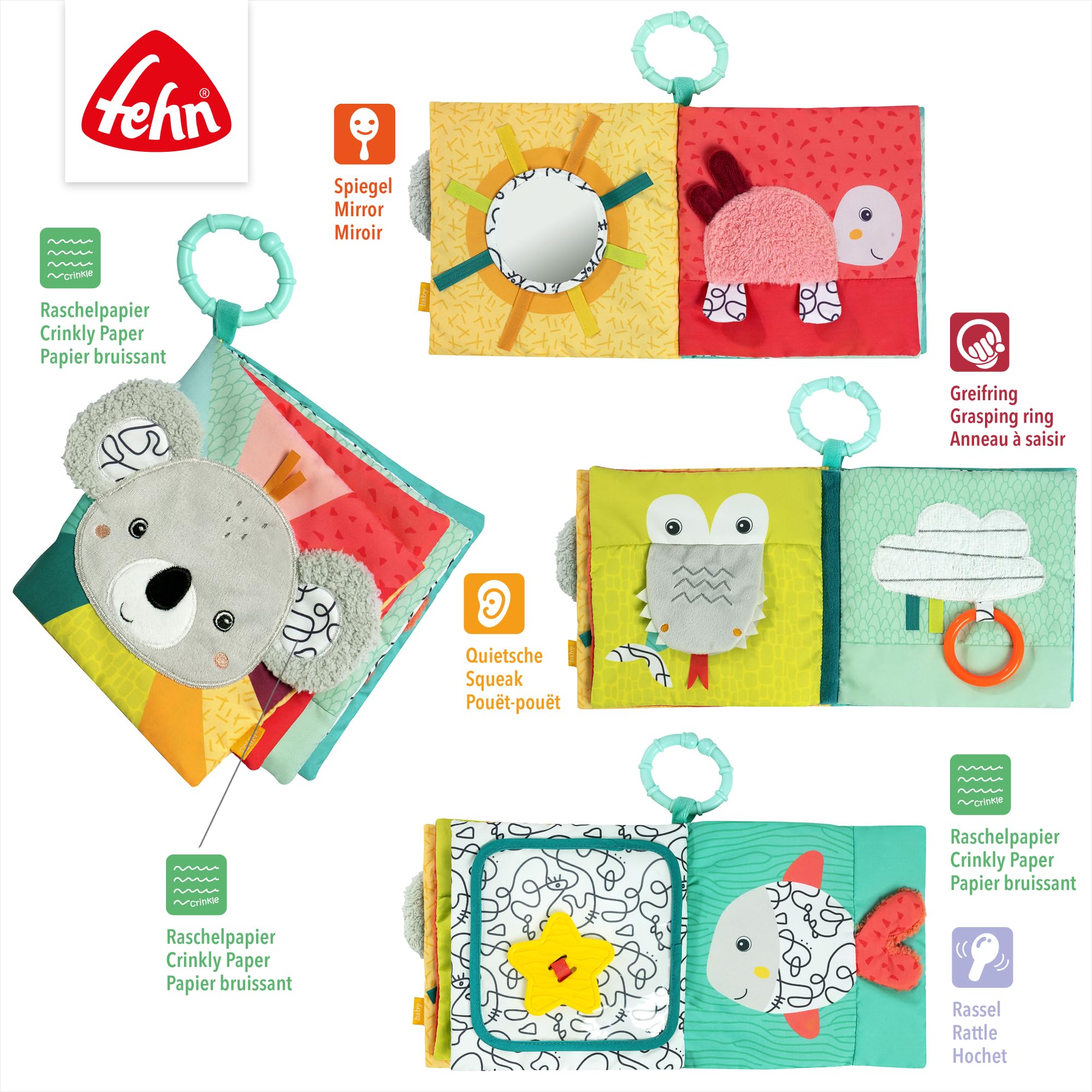 Fehn Stoffbuch Koala – Baby Fühlbuch aus Stoff mit Tier-Motiven: Knisterbuch zum Fühlen, Greifen und Staunen – zum Aufhängen für Kinderwagen und Babyschale – für Babys und Kleinkinder ab 3+ Monaten