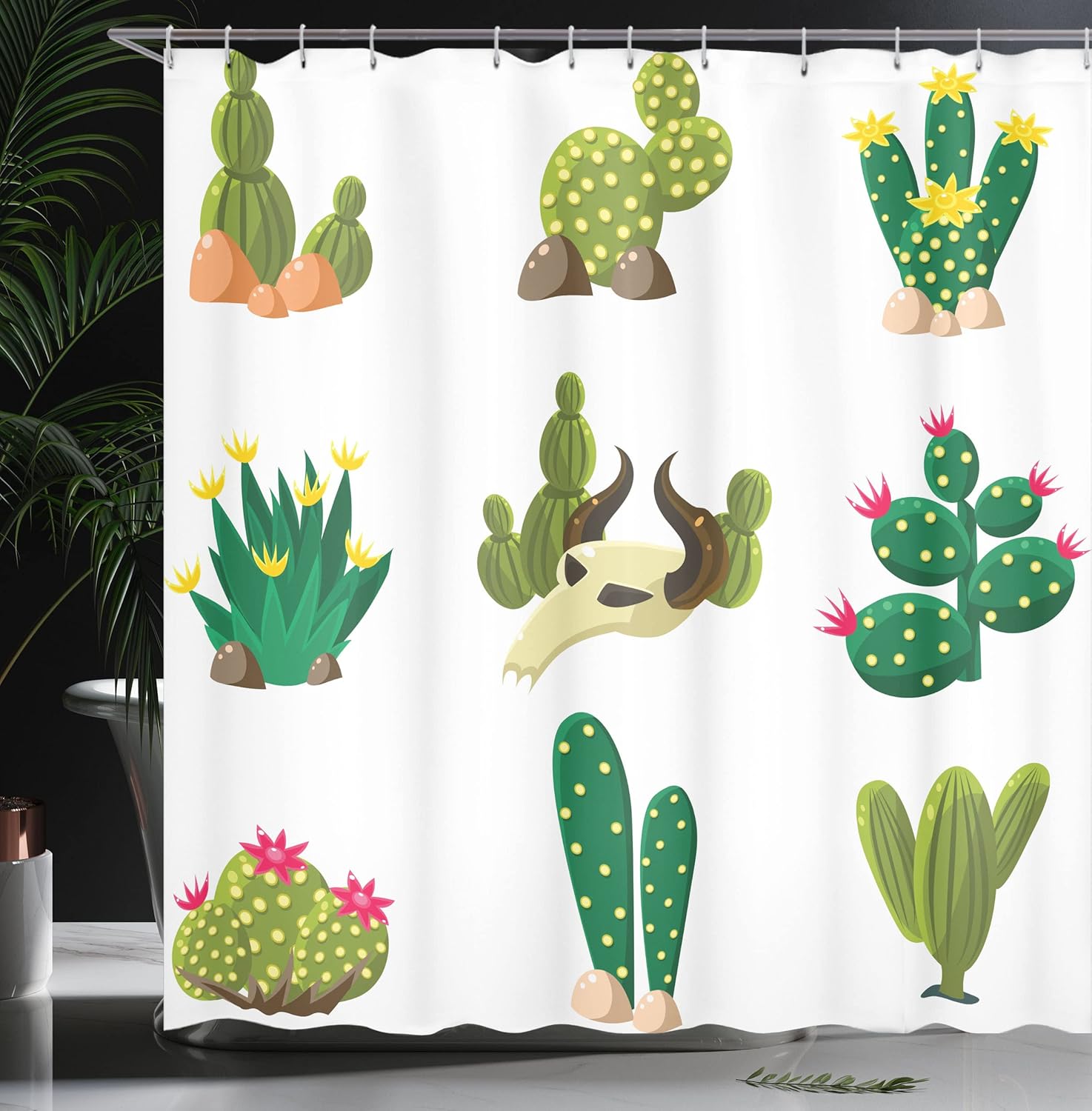 Ambesonne Cactus Shower Curtain, Mexican Themed Print of South Desert Animals Cacti Plants Skeletons and Flowers Cartoon Illustration, Fabric Bathroom Decor Set with Hooks, 69" W x 75" L, Multicolor