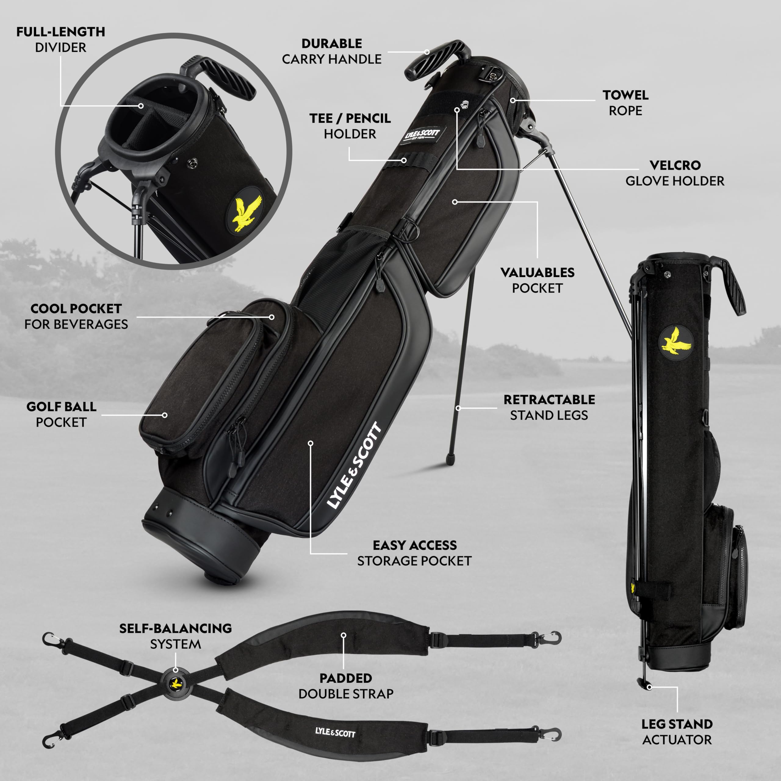 Lyle and Scott Gleneagle - Sacca da golf leggera da uomo con divisore a 3 vie, tasca termica fresca, manico resistente, supporto retrattile, cinghia imbottita, borsa da golf