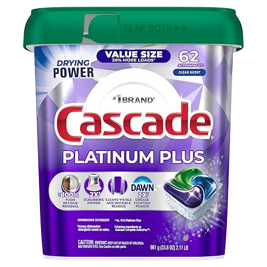 Cascade Platinum Plus Dishwasher Pods, Dish Detergent Soap, Clean Scent, 62 Count
