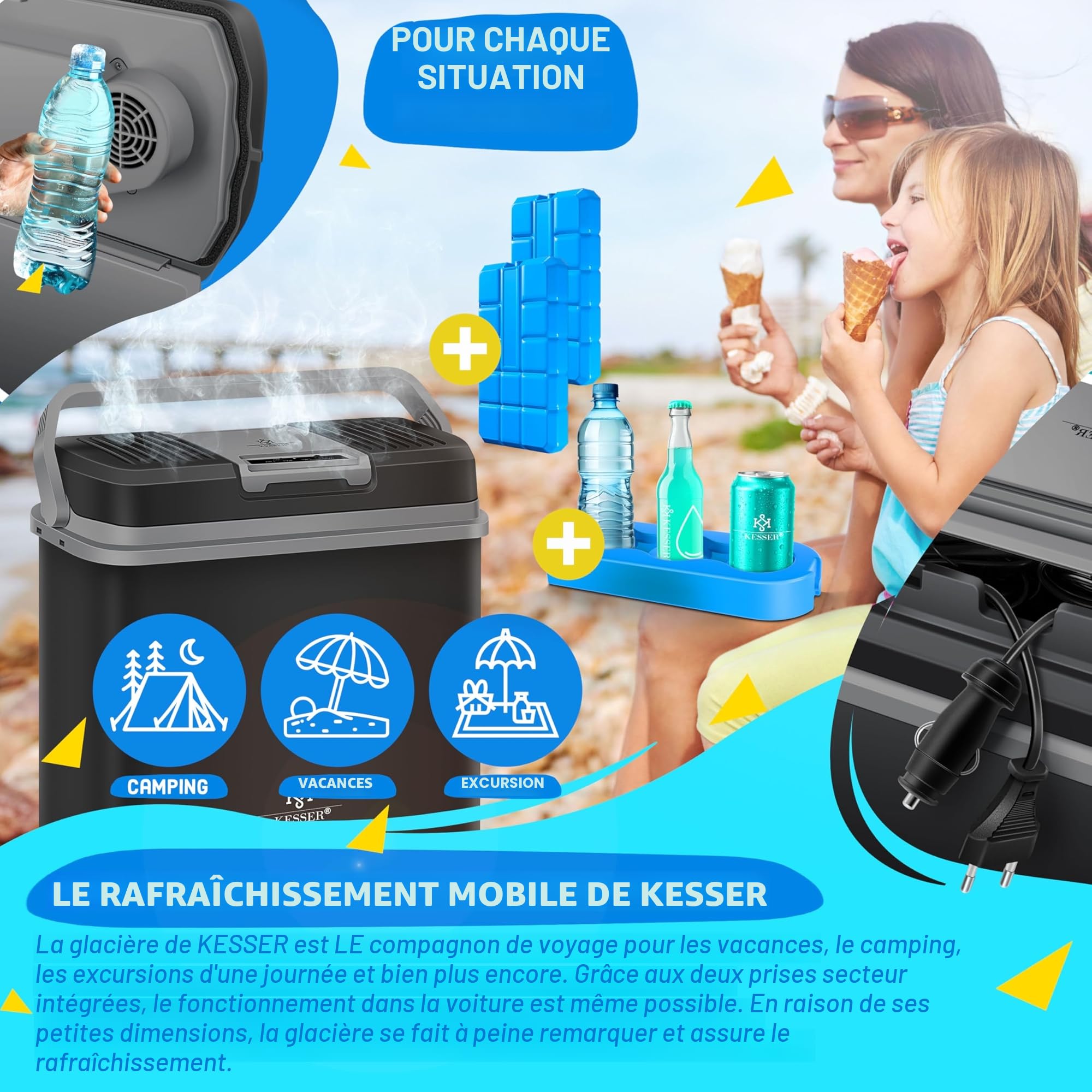KESSER Glacière électrique 24 L 12 V/230 V mini réfrigérateur avec accumulateurs de froid A+++