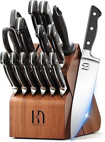 Juego de cuchillos de cocina de 15 piezas, juego de cuchillos de chef de acero inoxidable japonés de alto carbono con bloque y afilador, juego de