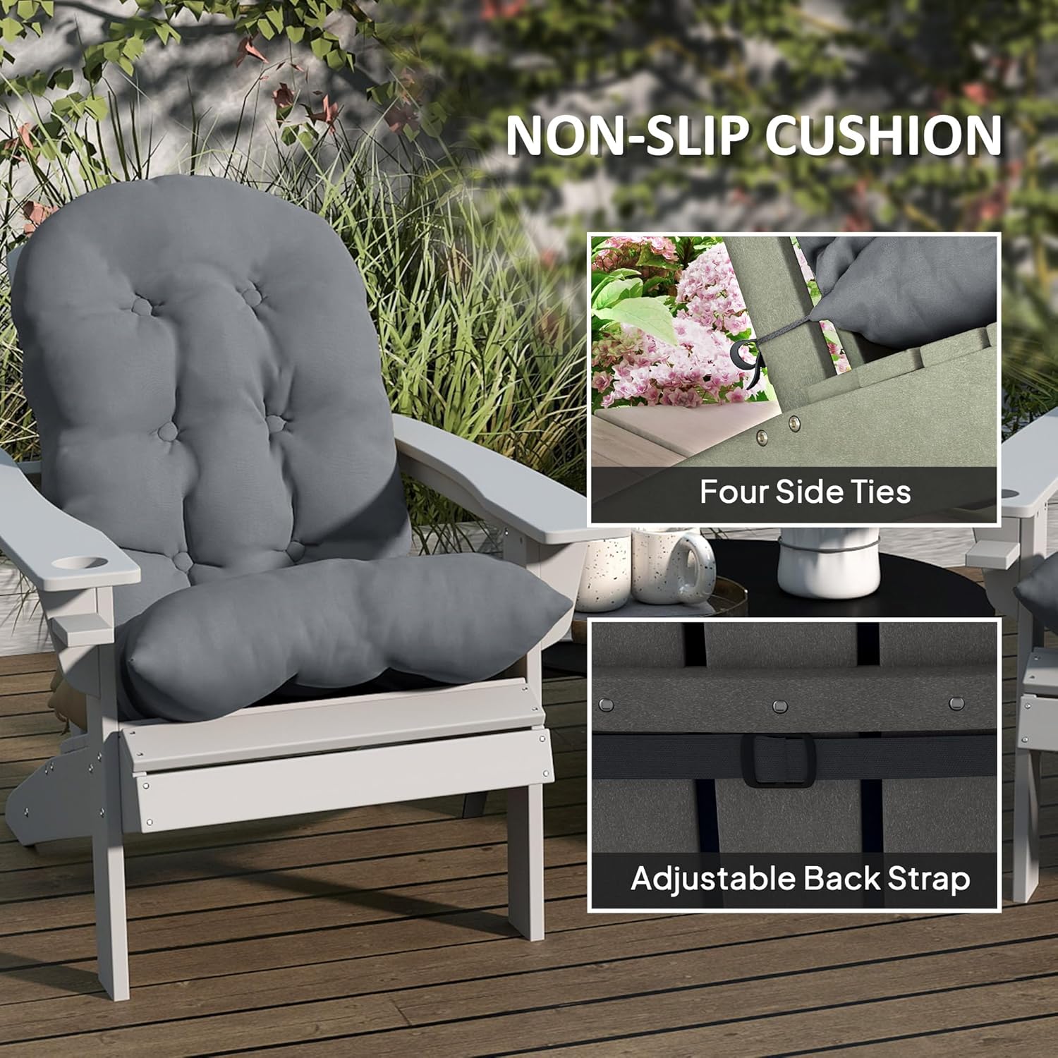 Outsunny Outdoor Adirondack Chair Cushions Set of 2, Tufted High Back Patio Chair Cushions with Ties, Non-Slip Replacement Seat Pads for Adirondack Chairs, Gray