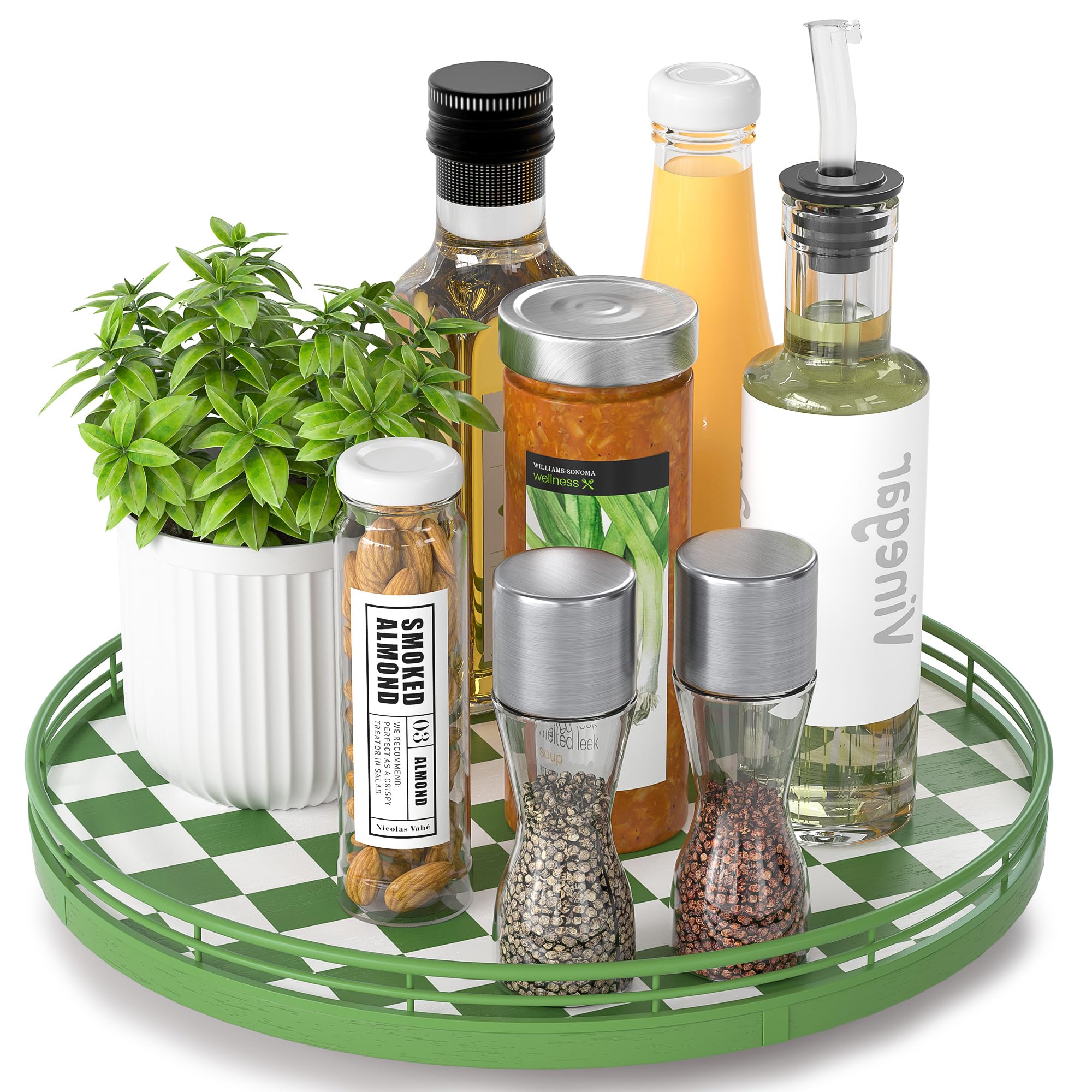 AMH 12-Inch Green and White Checkerboard Lazy Susan with Rubberwood Base