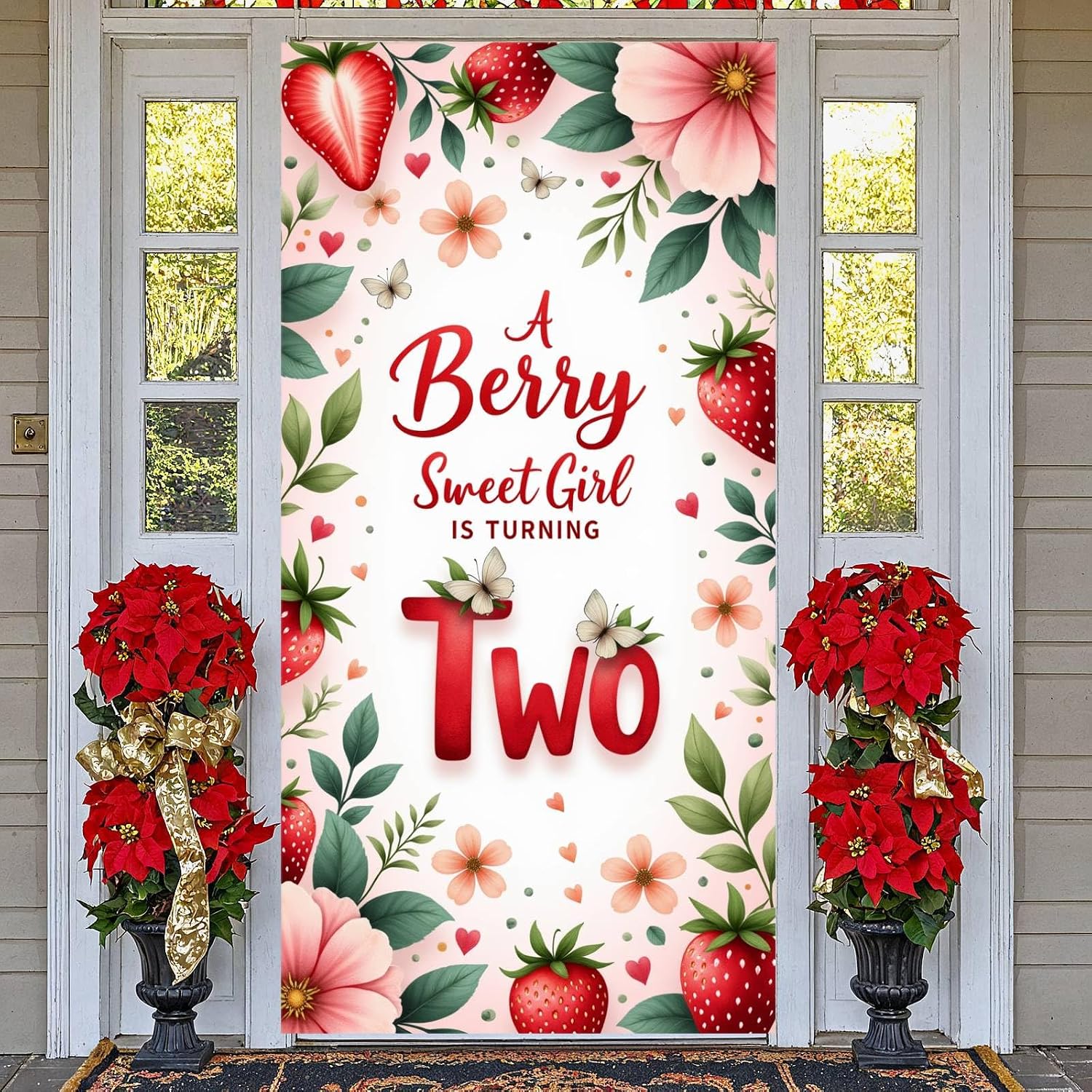Strawberry 2nd Birthday Door Banner for Girl, Pink Strawberry 2nd Birthday Door Cover, A Berry Sweet Girl is Turning Two Backdrop Decorations for 2nd Girls Birthday Party Supplies