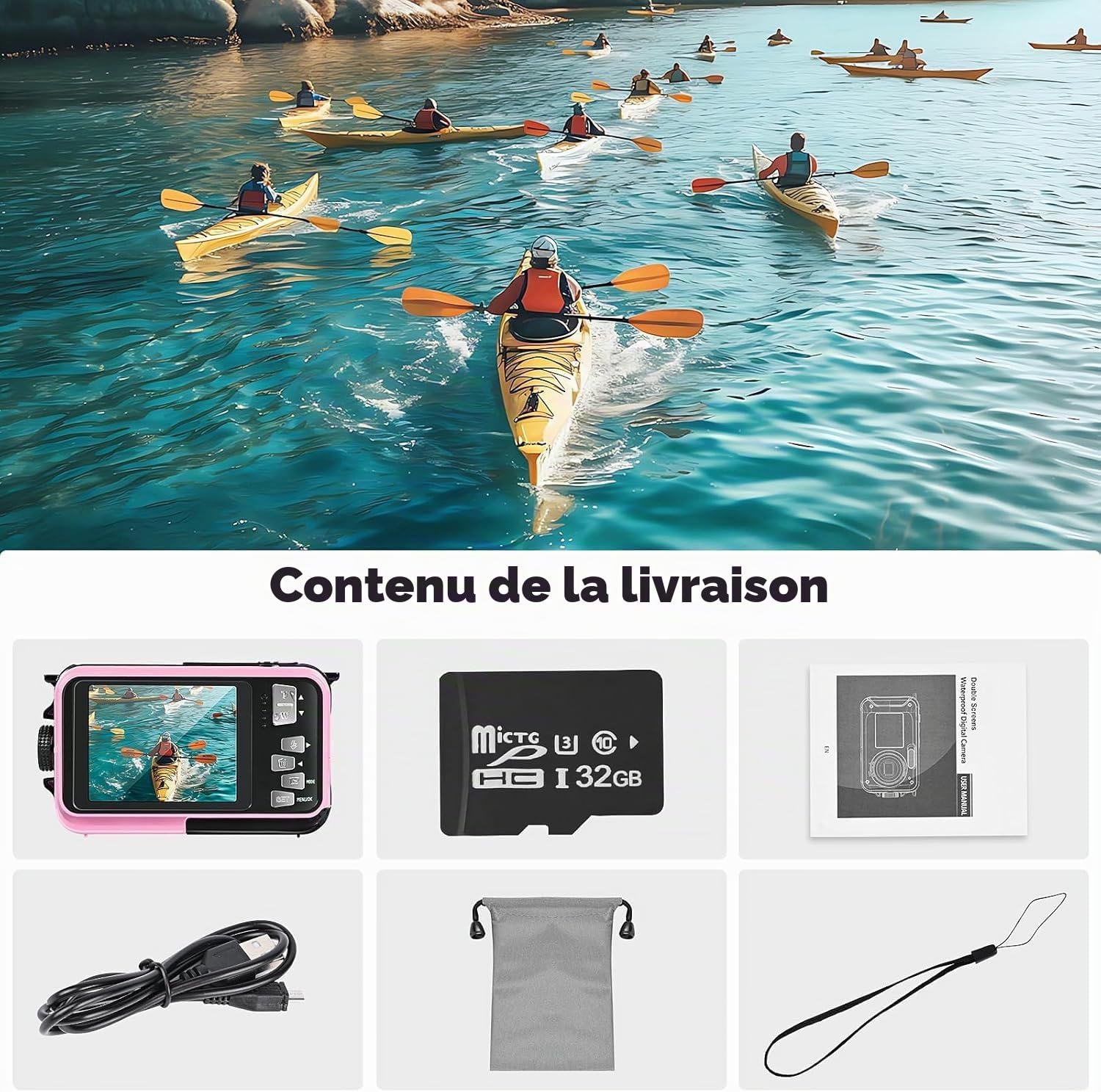 Comius Sharp Caméra sous-marine avec tuba, appareil photo numérique FHD 10FT 3MP étanche avec carte mémoire 32G pour retardateur sous-marin, surf, plongée, rose