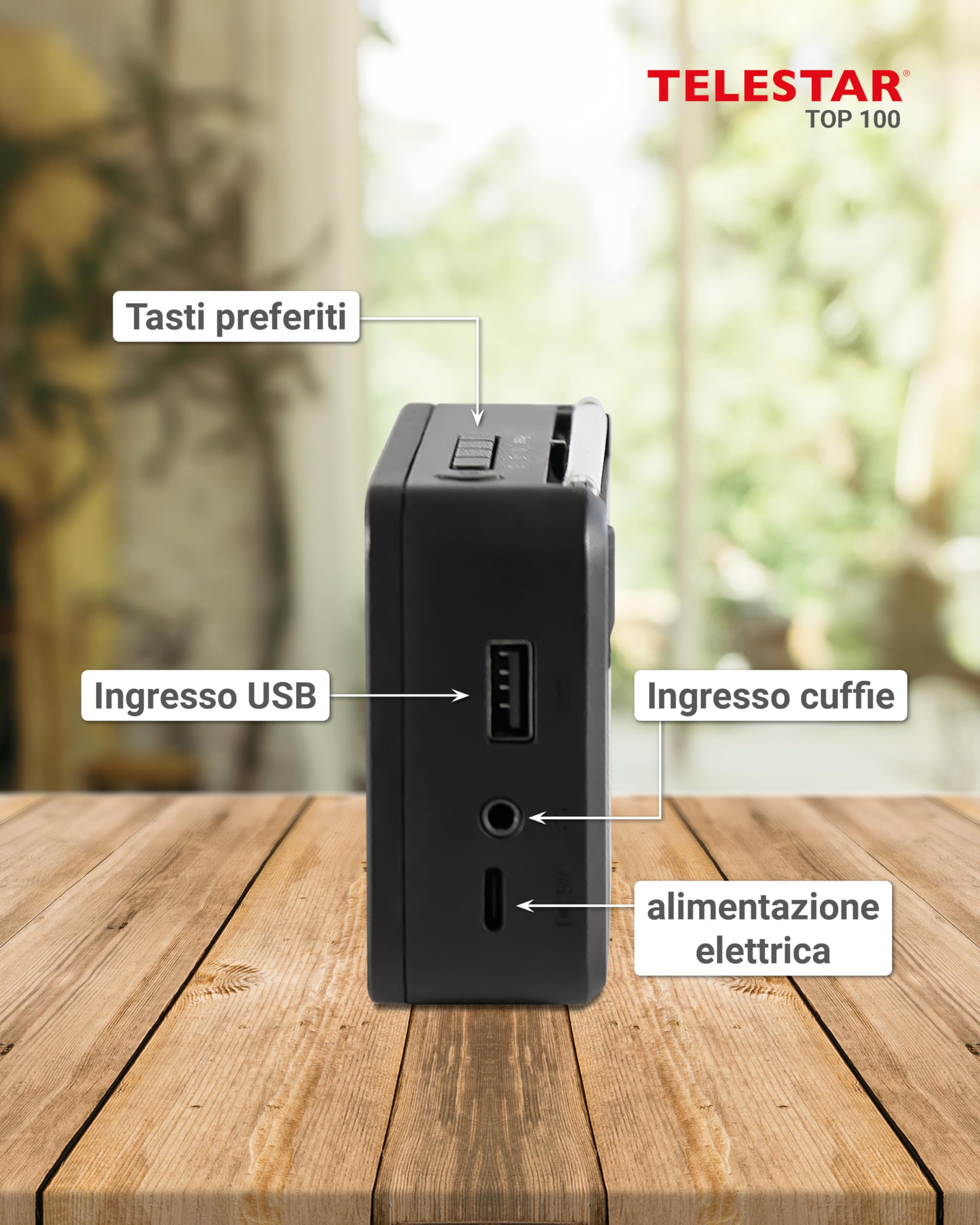 TELESTAR TOP 100 – Radio portatile DAB+/FM con batteria ricaricabile – Nero | Batteria sostituibile, fino a 15 h di autonomia, ricarica rapida, streaming Bluetooth e lettore USB