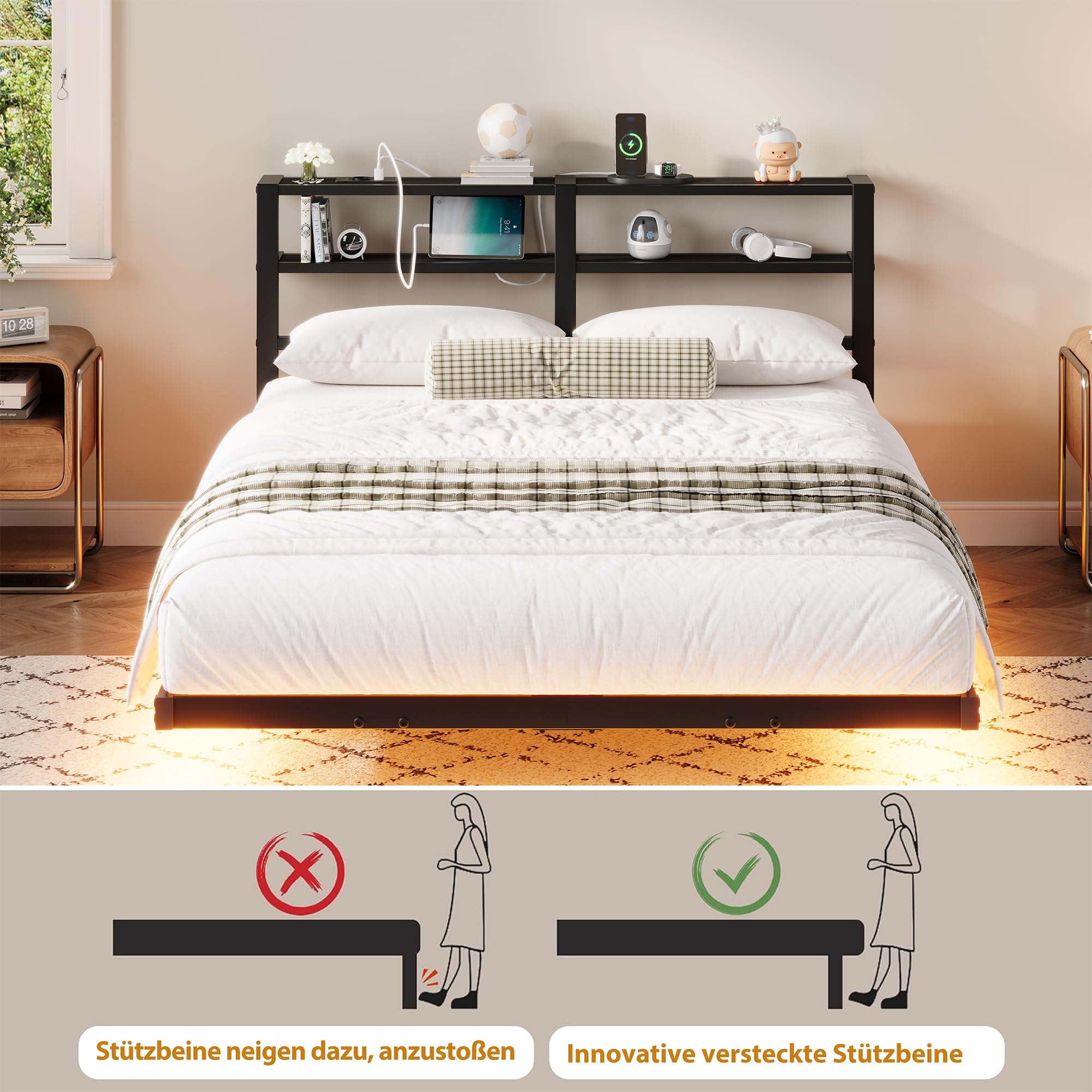 Lit flottant en métal, 140 x 200 cm, avec lumières LED, station de charge USB et tête de lit double étagère, cadre en acier robuste, silencieux, noir