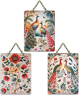 Artvibes Colorful Peacock Wall Art Decorative Wall Hanging Ornaments | Living Room | Office | Wall Art Painting For Hall | Graphic Artwork | Wall Illustrations | Ideal Gifts (WH_9631N), Set of 3