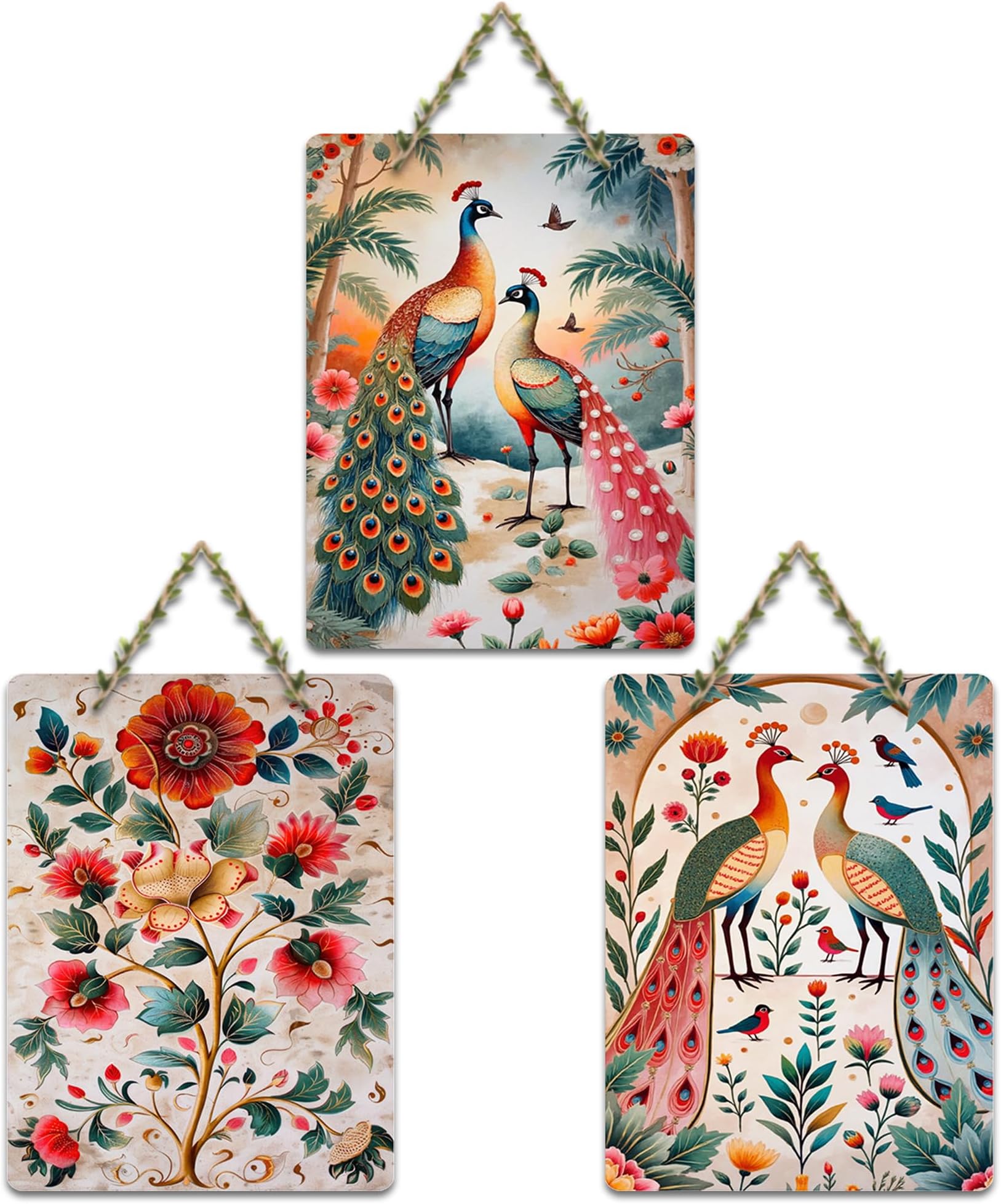 Artvibes Colorful Peacock Wall Art Decorative Wall Hanging Ornaments | Living Room | Office | Wall Art Painting For Hall | Graphic Artwork | Wall Illustrations | Ideal Gifts (WH_9631N), Set of 3